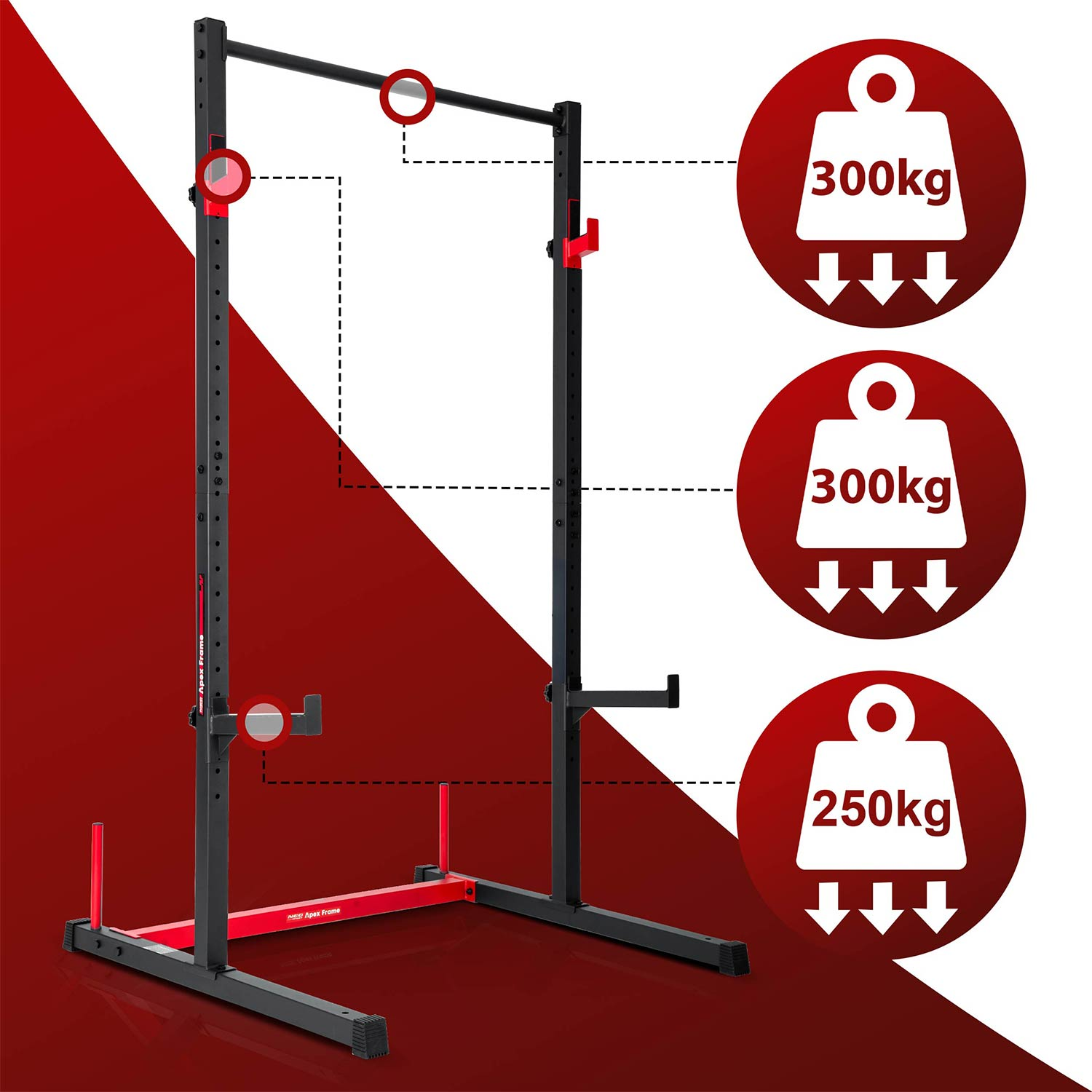 Czarno-czerwony stojak do przysiadów z udźwigiem 300kg i 250kg na czerwonym tle.