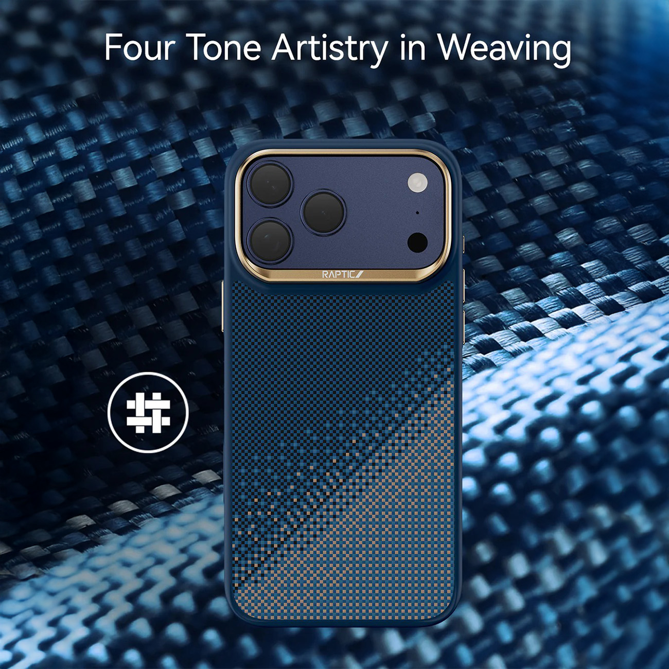 Funda azul para smartphone con patrón tejido sobre fondo azul.