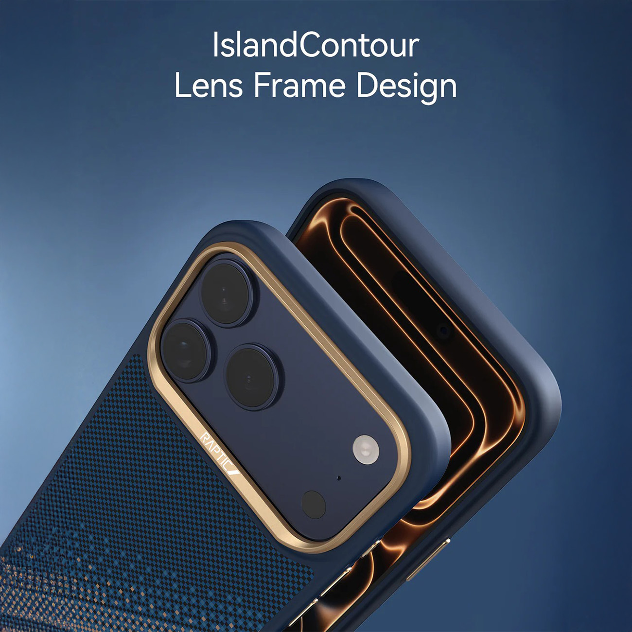 Funda de smartphone azul con marco de cámara dorado y logotipo Raptic sobre fondo azul.