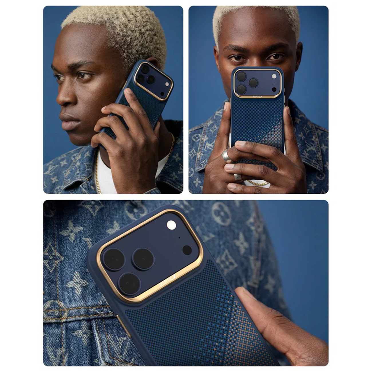 Un hombre con camisa vaquera azul muestra un teléfono azul con marco dorado y patrón de cuadros.