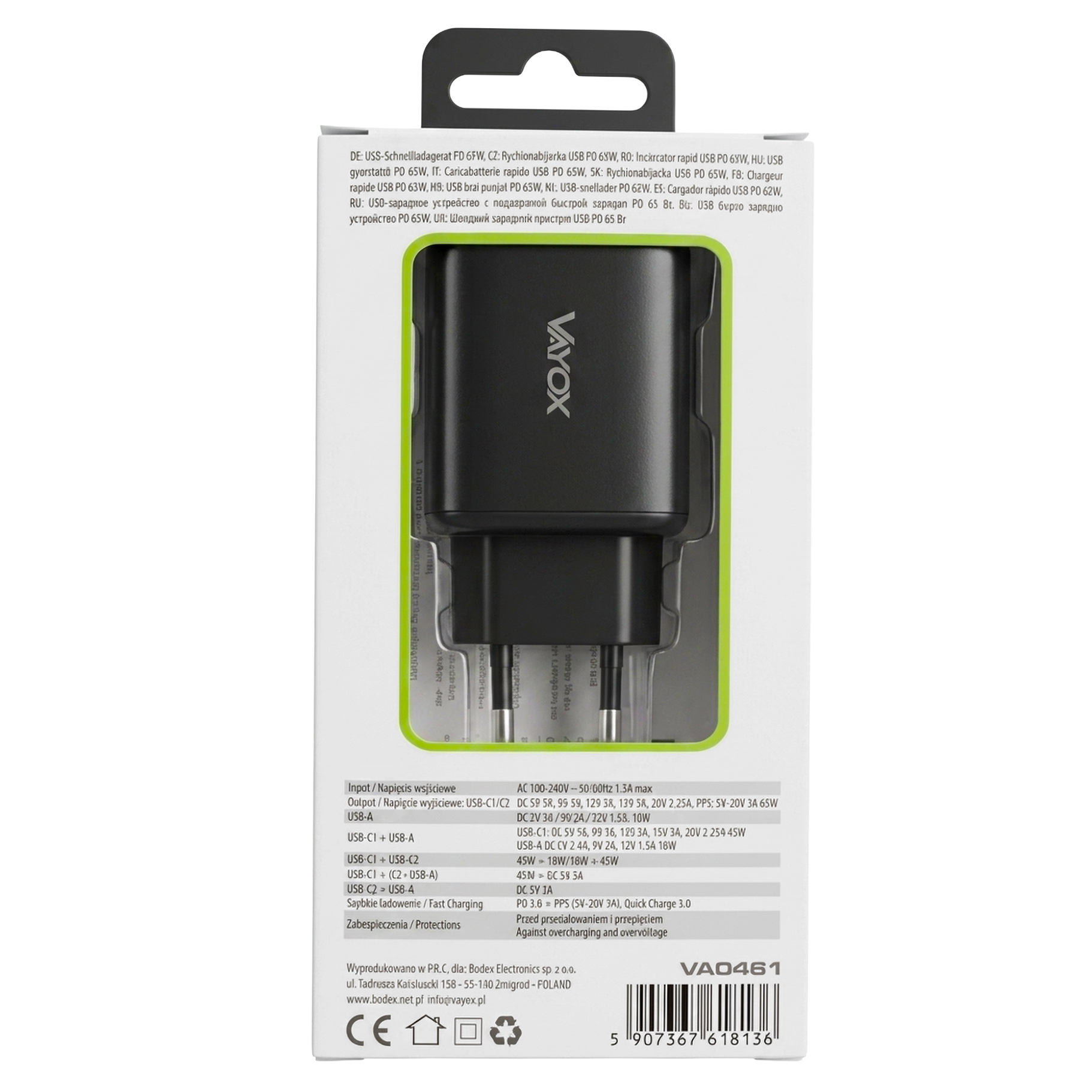 Egy fekete Vayox USB fali töltő fehér-zöld csomagolásban, műszaki adatokkal.