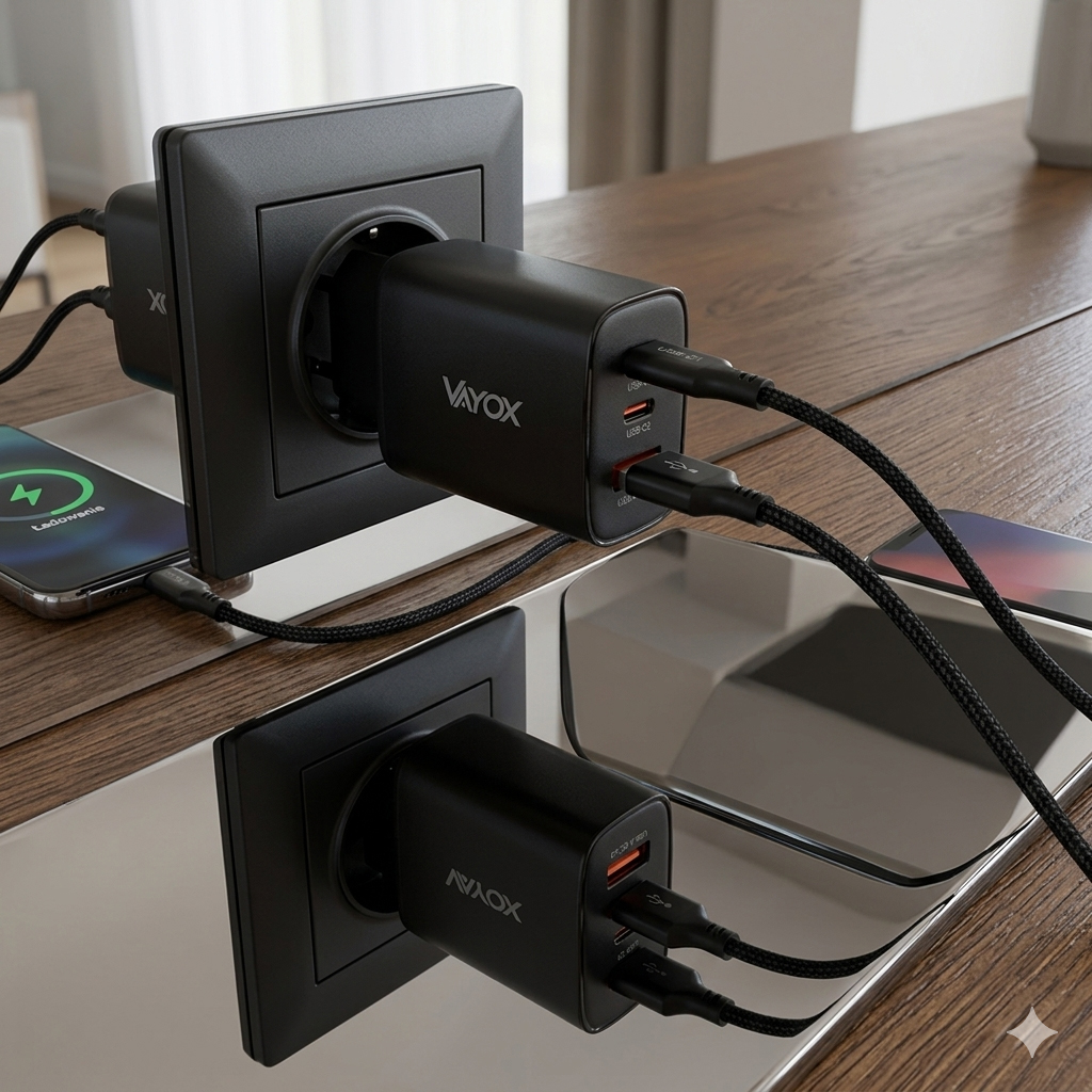 Fekete Vayox USB fali töltő két csatlakoztatott kábellel, fafelületen lévő konnektorba dugva.