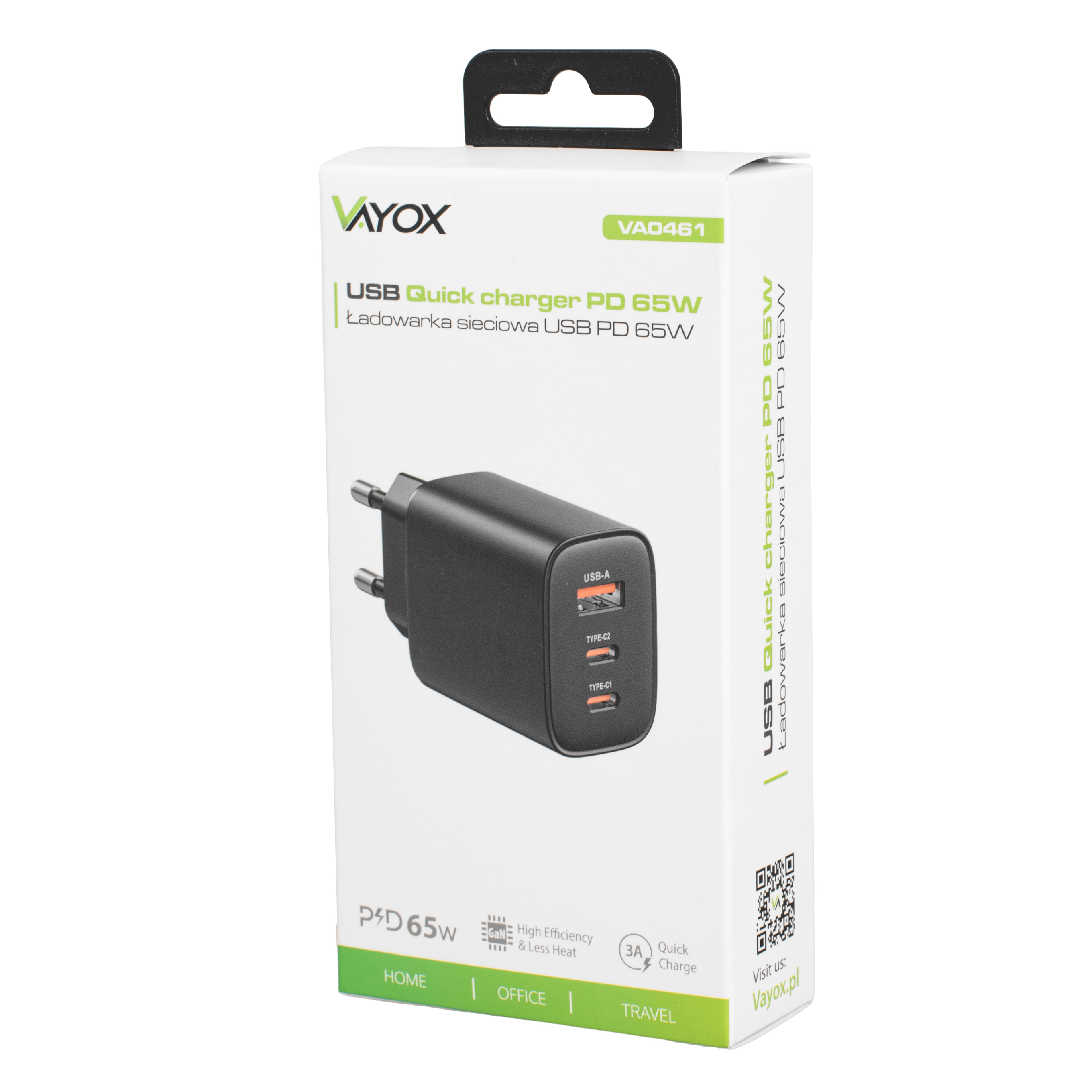Fehér Vayox USB gyorstöltő doboz egy fekete, háromportos, 65W-os fali töltő képével.