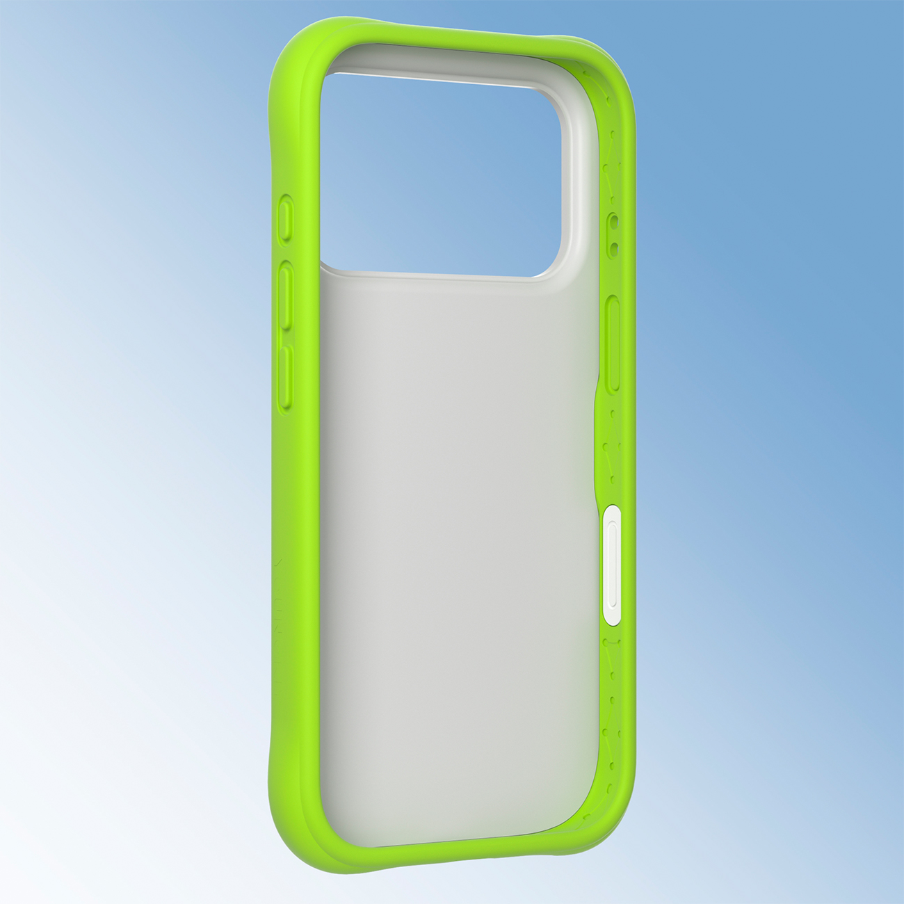 Una funda de smartphone verde lima con interior blanco sobre fondo azul.