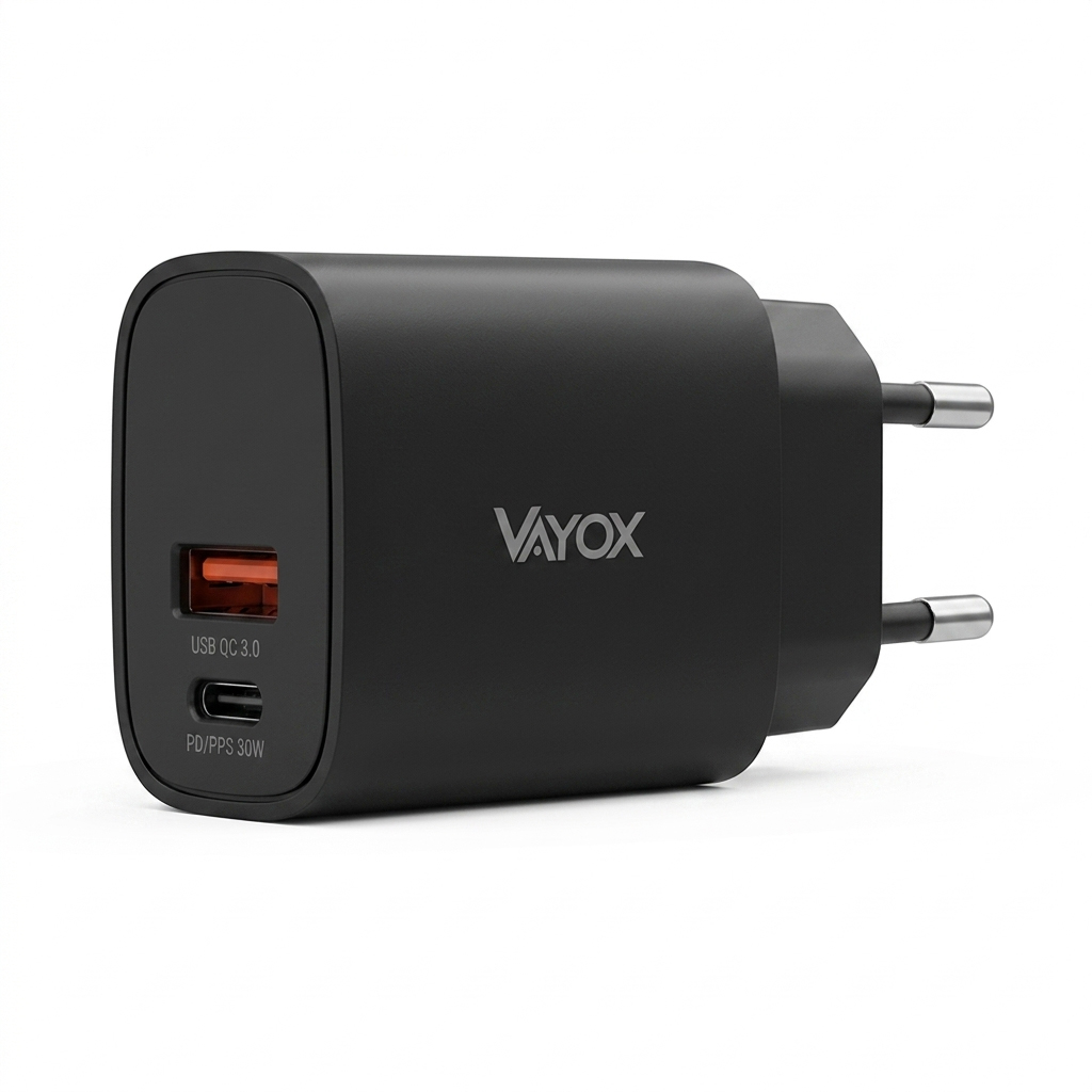 Fekete Vayox USB fali töltő egy USB-A és egy USB-C porttal, fehér háttér előtt.