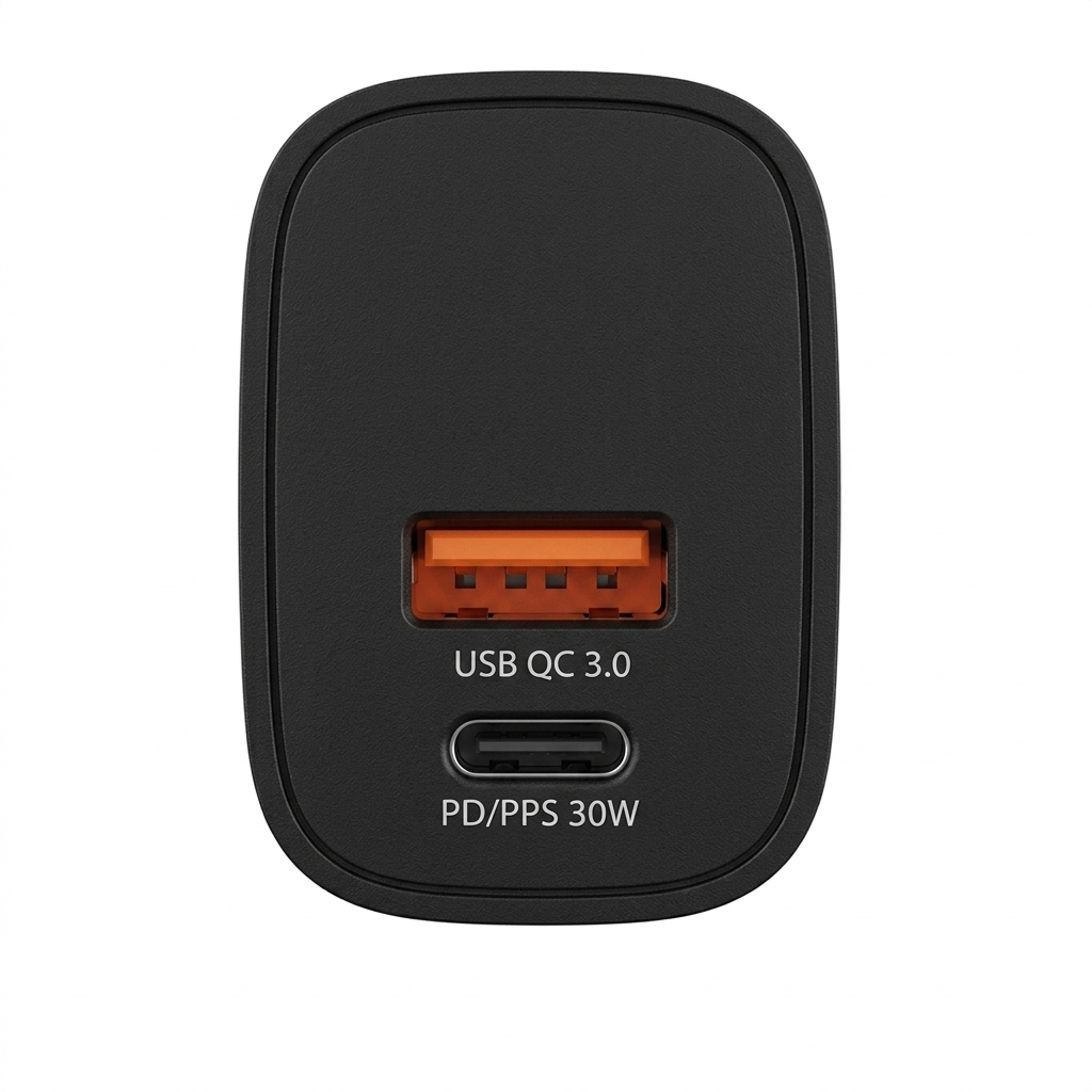 Fekete 30W-os USB-C és USB-A fali töltő fehér háttér előtt.