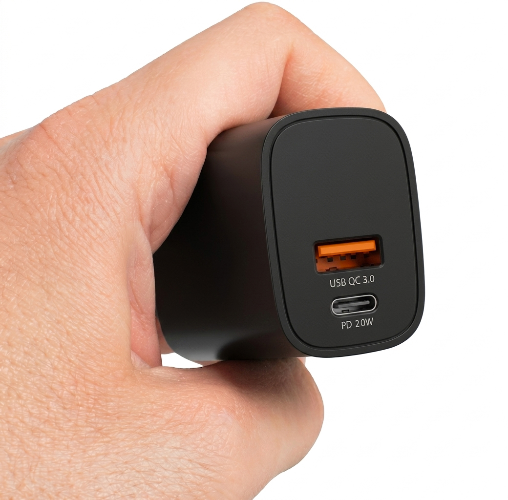 Egy kéz egy fekete USB-töltőt tart QC 3.0 és PD 20W portokkal.