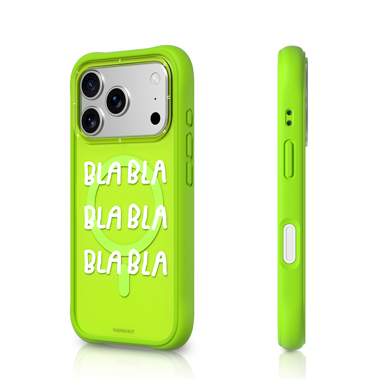 Funda de teléfono verde con texto 'BLA BLA' y gráfico magnético circular.