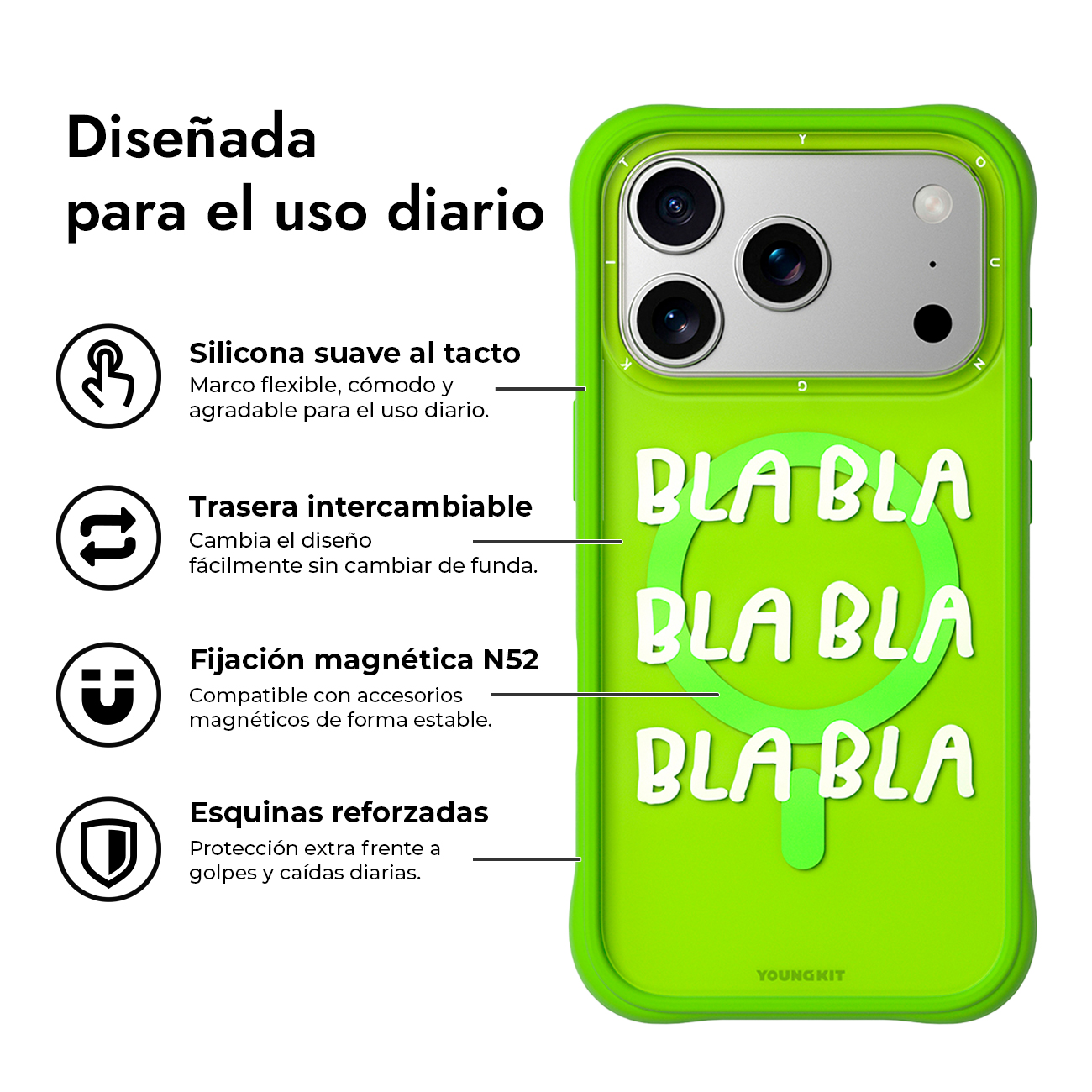 Una funda de móvil verde brillante con texto BLA BLA blanco, anillo magnético y características a la izquierda.