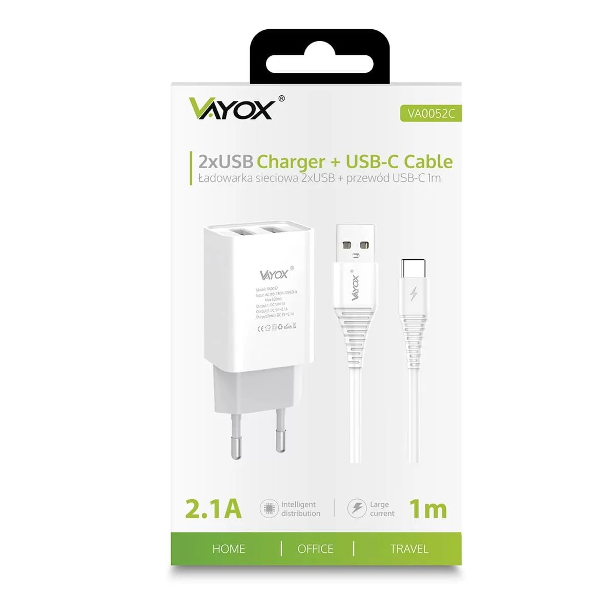 Vayox 2xUSB fali töltő termékcsomagolás 1m-es USB-C kábellel fehér és zöld színben.