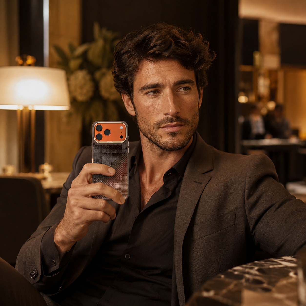 Un hombre elegante con traje sostiene un teléfono inteligente moderno con la parte trasera naranja en una habitación tenue.