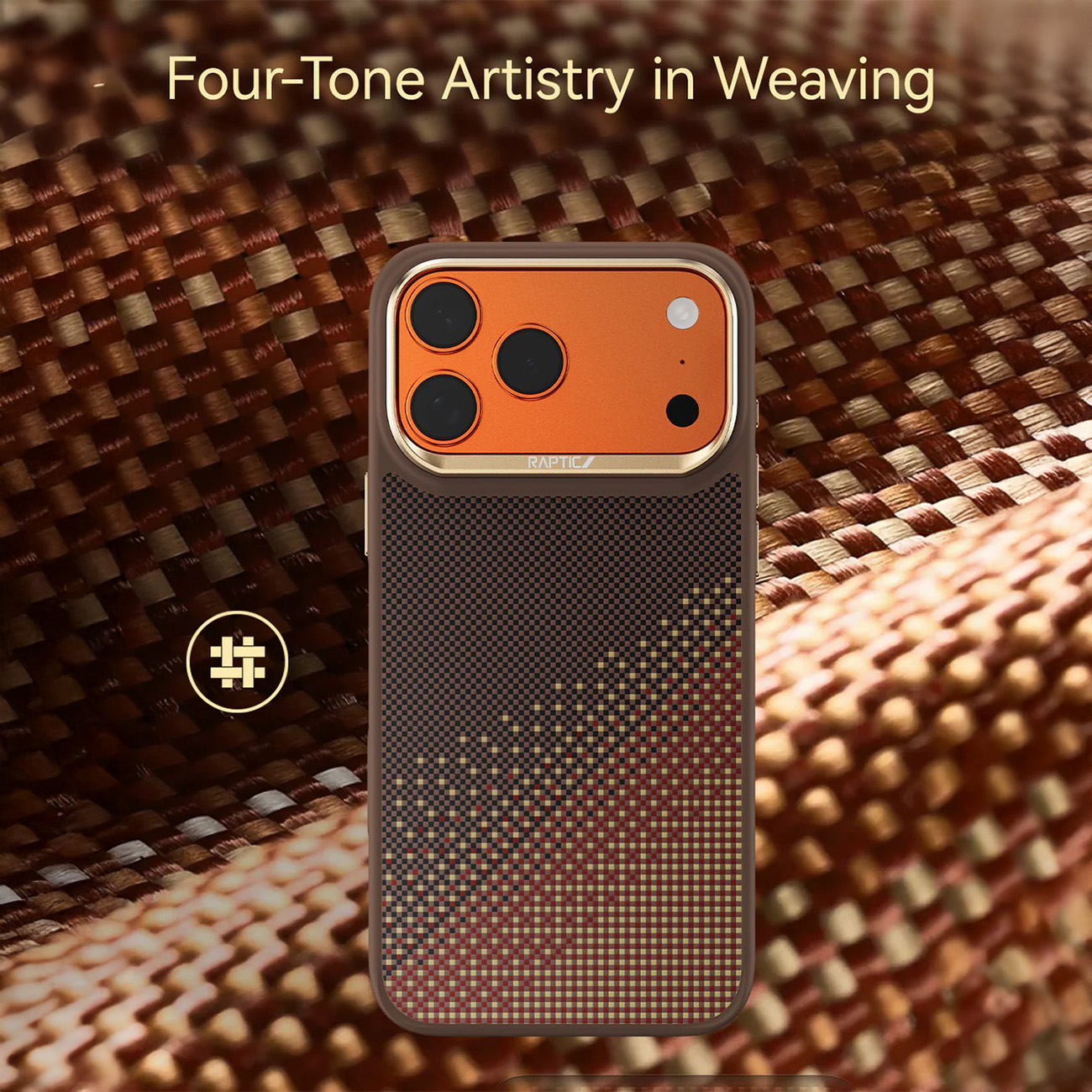 Un smartphone con funda de textura tejida marrón y naranja sobre fondo marrón texturizado.