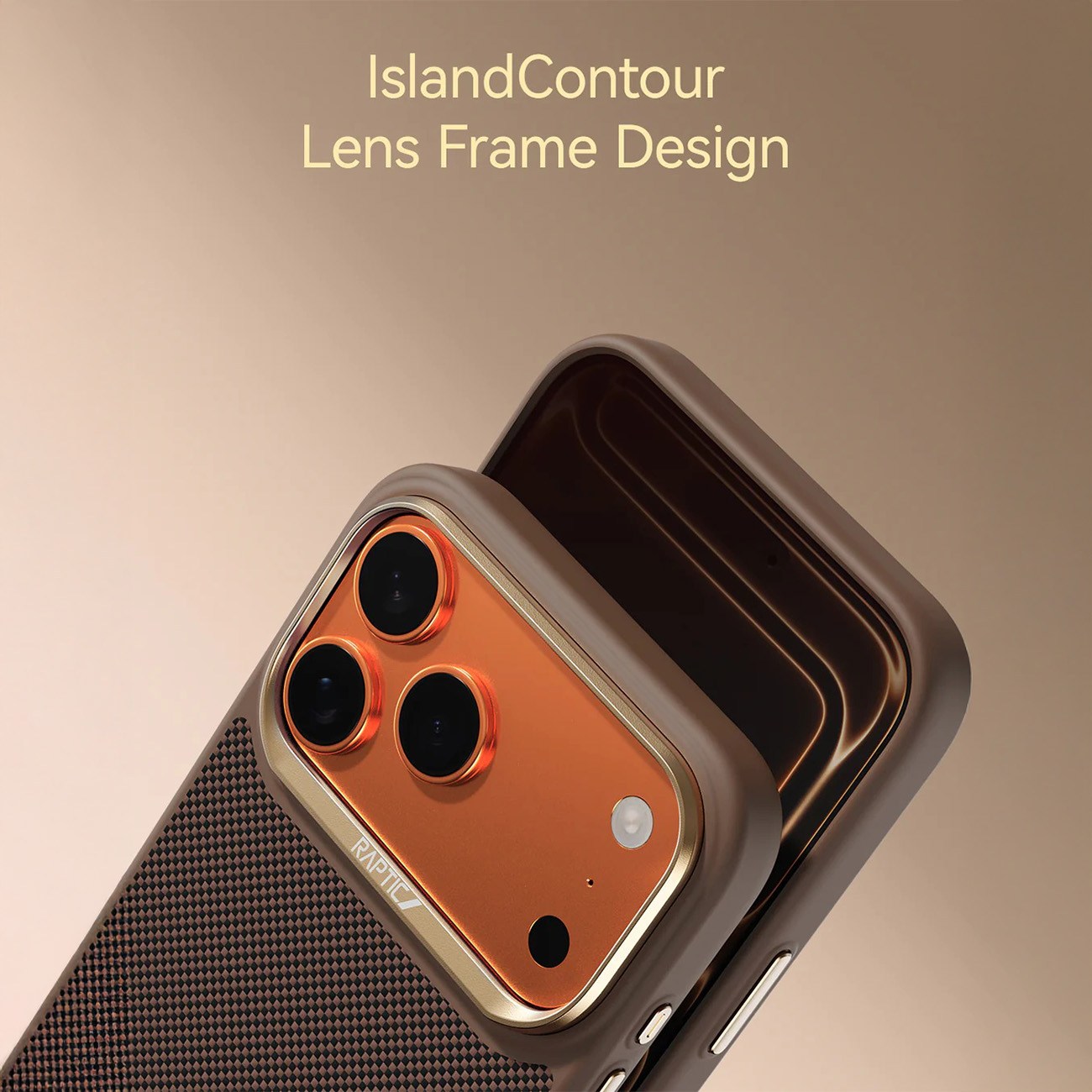 Un teléfono en funda marrón con marco de lente naranja sobre fondo degradado.