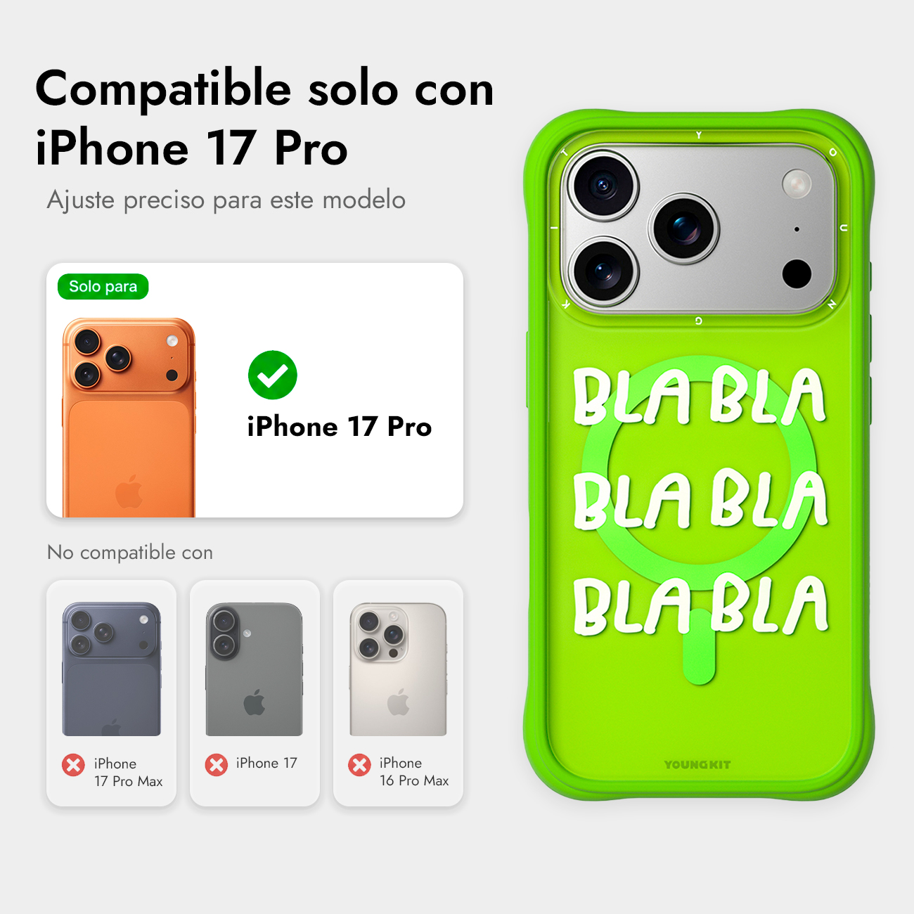 Funda verde con texto BLA BLA para iPhone 17 Pro, detalles de compatibilidad a la izquierda.