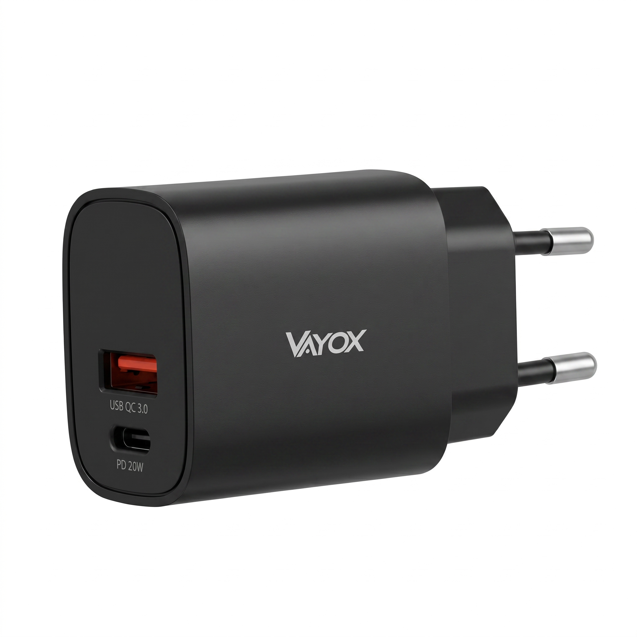 Egy fekete Vayox fali töltő, amelyen egy USB QC 3.0 és egy USB-C PD 20W port található, fehér háttér előtt.