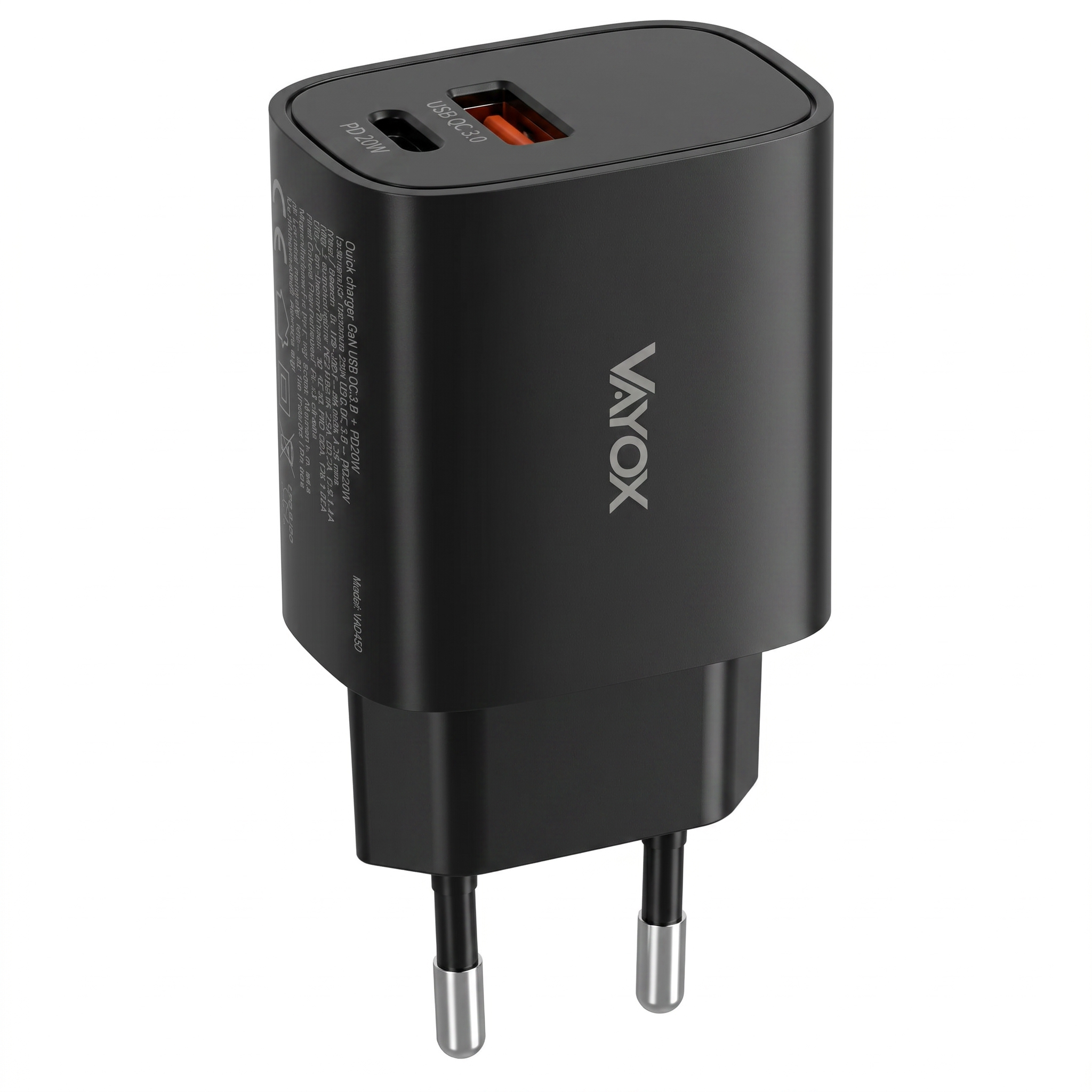 Fekete Vayox USB fali töltő két porttal és európai csatlakozóval fehér háttérrel.