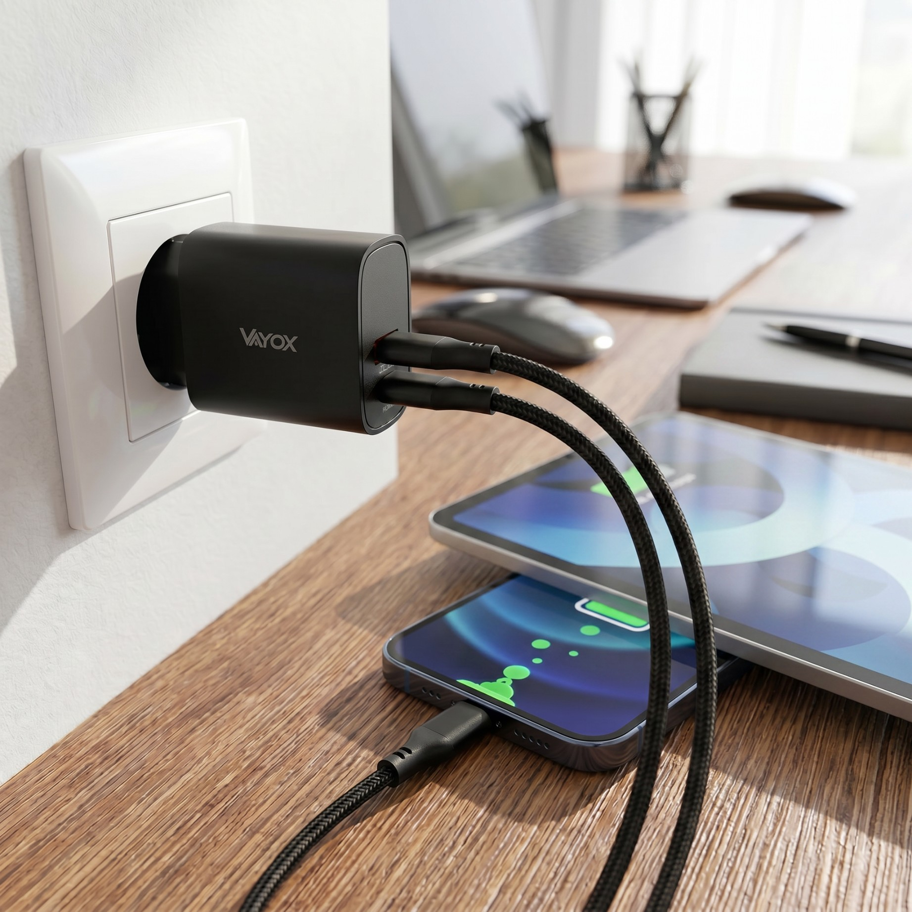 Fekete Vayox USB töltő a fali aljzatban, a fatusztalon lévő eszközökhöz csatlakoztatott kábelekkel.