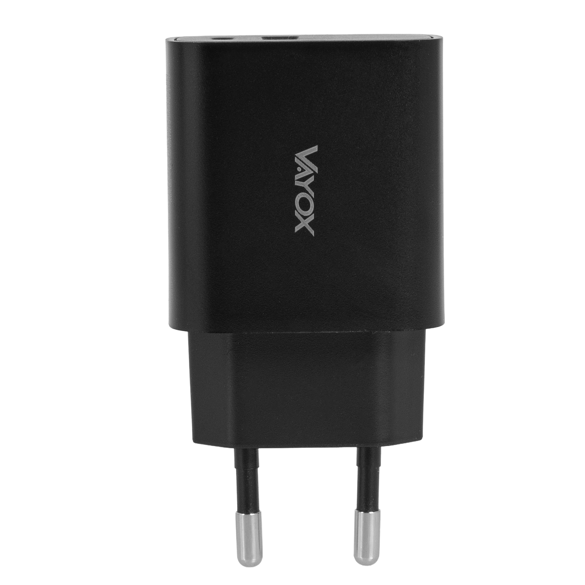 Egy fekete Vayox USB fali töltő európai dugóval fehér háttérrel.
