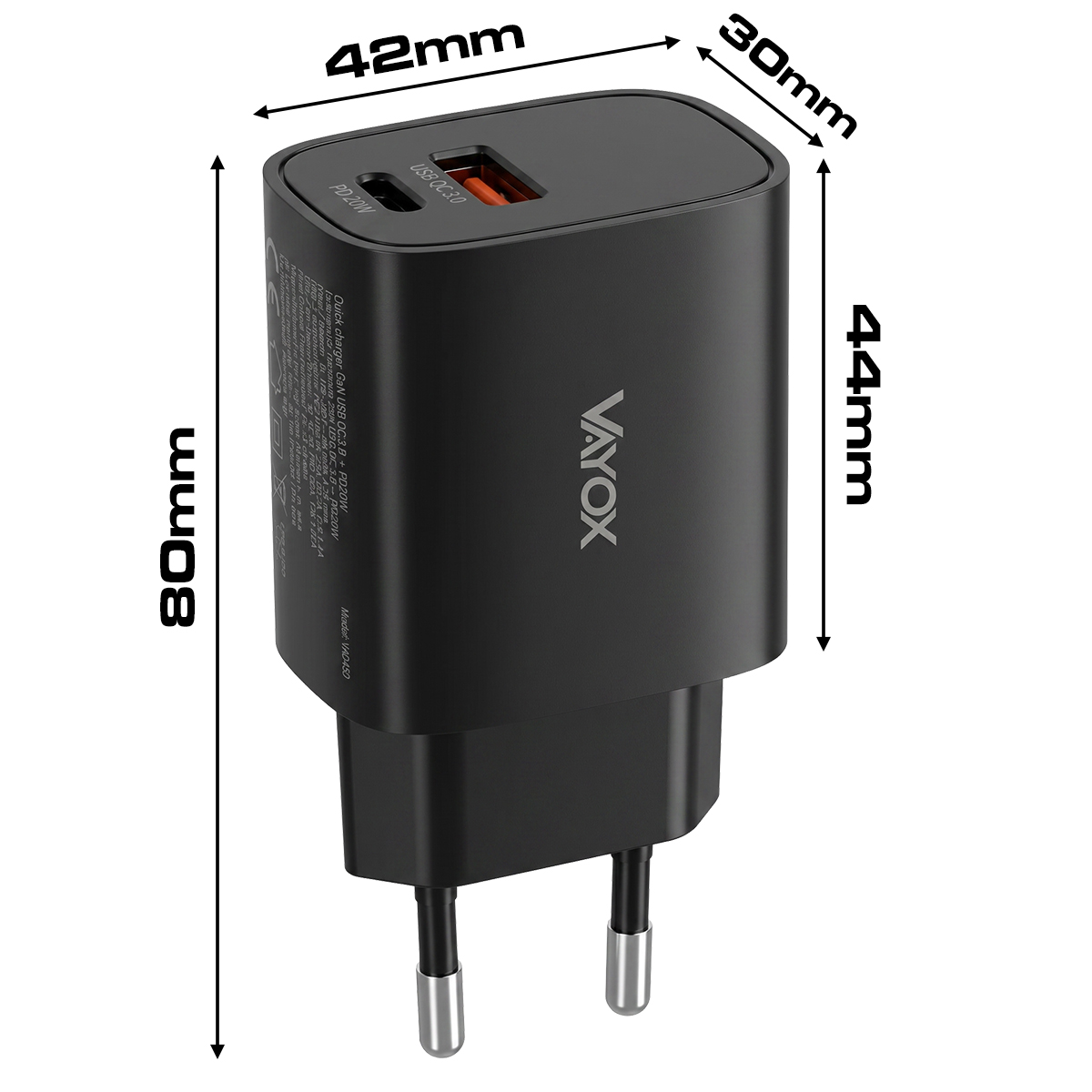 Fekete Vayox USB töltő 42x30x80 mm méretekkel és két porttal.