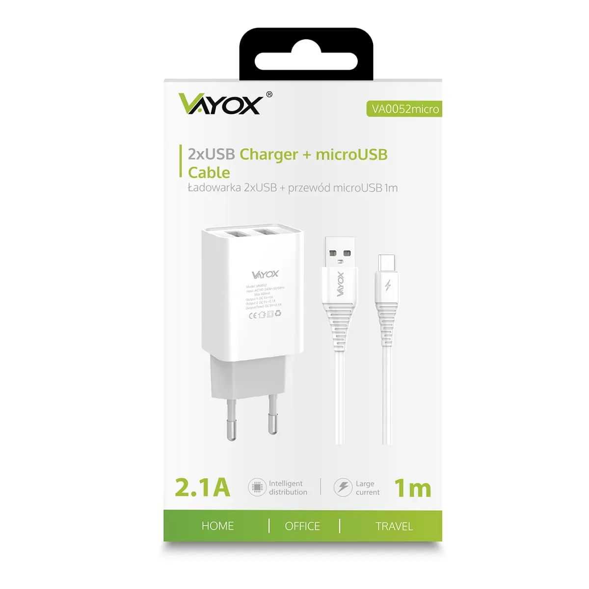 Vayox 2xUSB töltő micro-USB kábellel, fehér, csomagolásban.