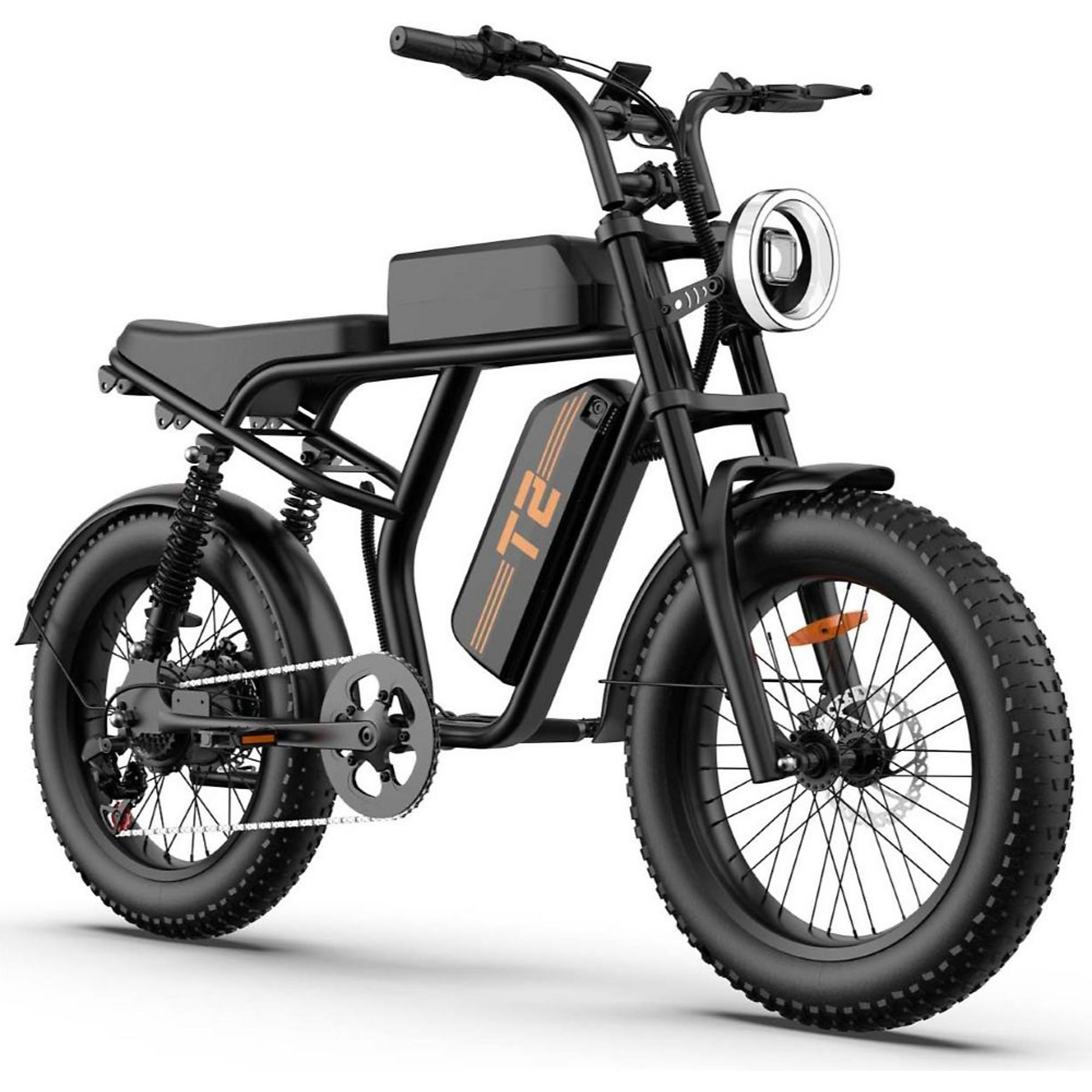 Schwarzes T2-Elektrofahrrad mit dicken Reifen, runden Scheinwerfern und integrierter Batterie auf weißem Hintergrund.