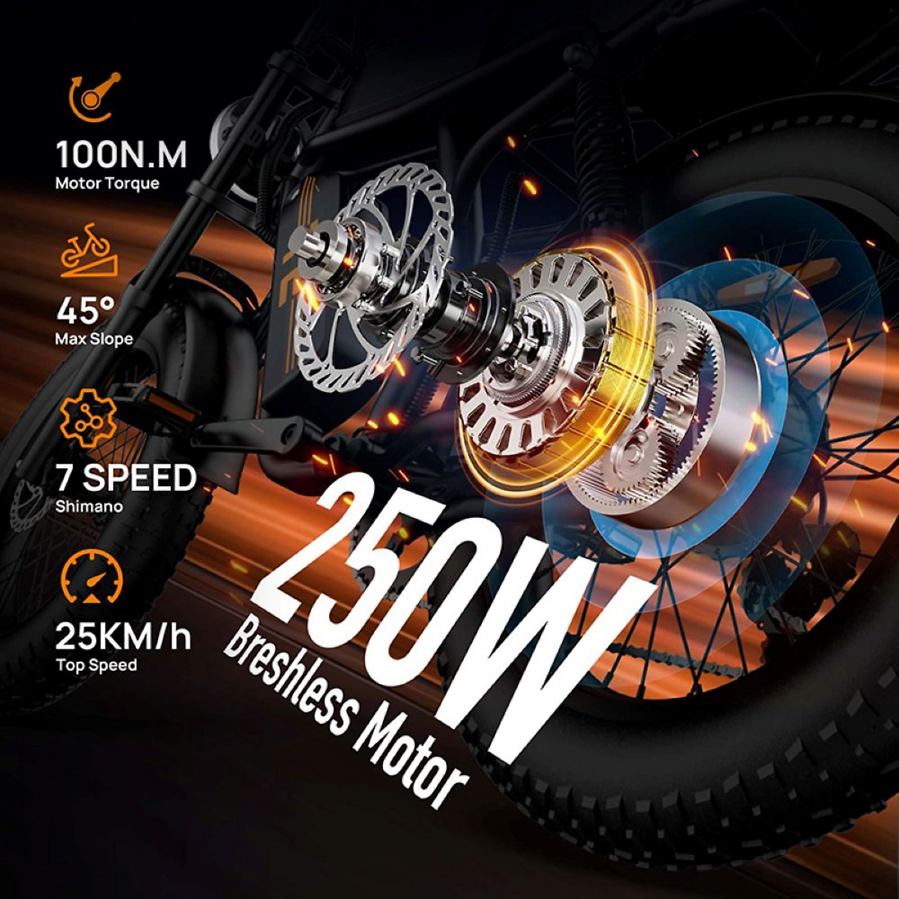 E-Bike Hinterrad und 250W Motor mit 100N.m Drehmoment und 25 km/h Höchstgeschwindigkeit.