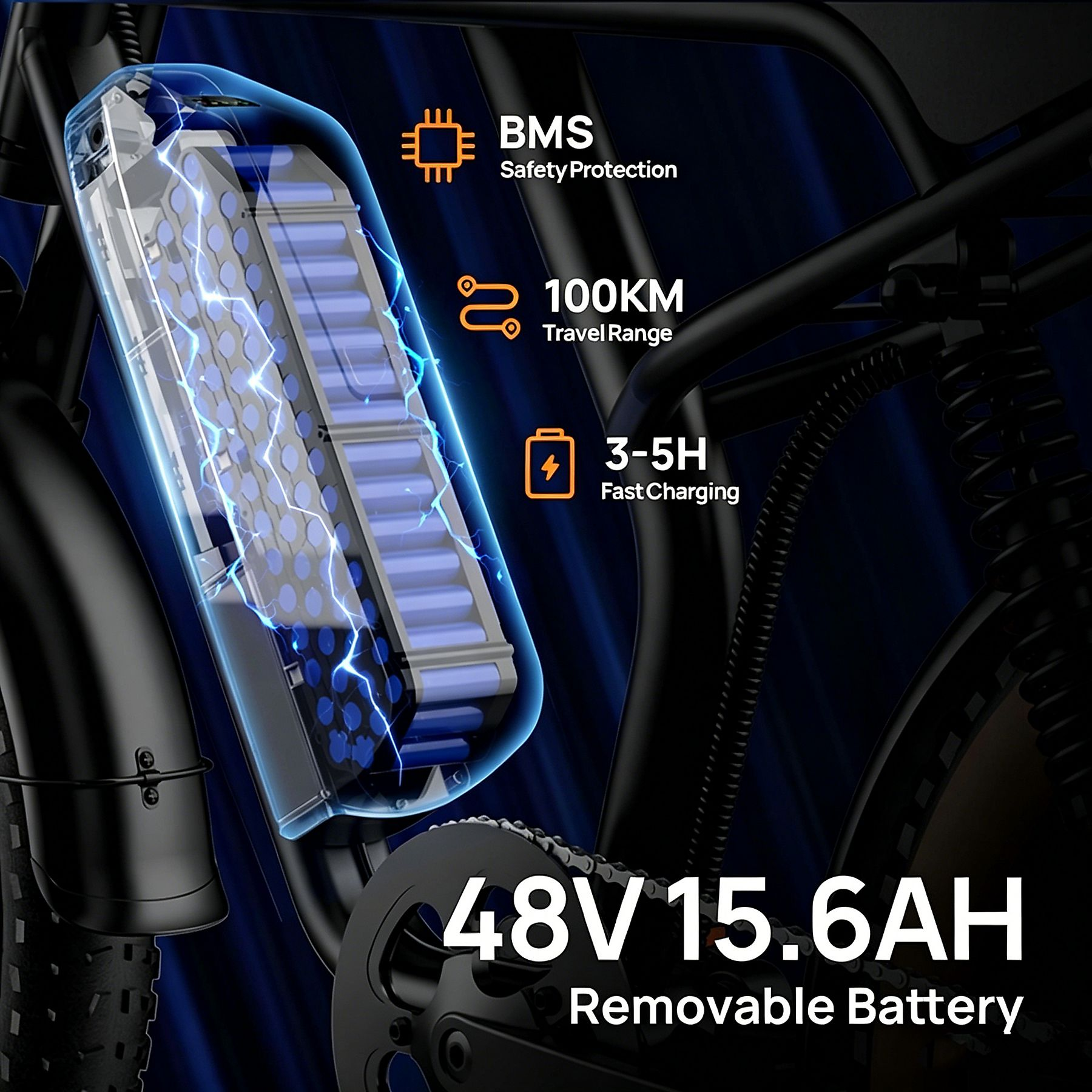 E-Bike Batterie mit elektrischem Effekt, 48V 15.6Ah, BMS Schutz, 100km Reichweite und 3-5h Schnellladung.