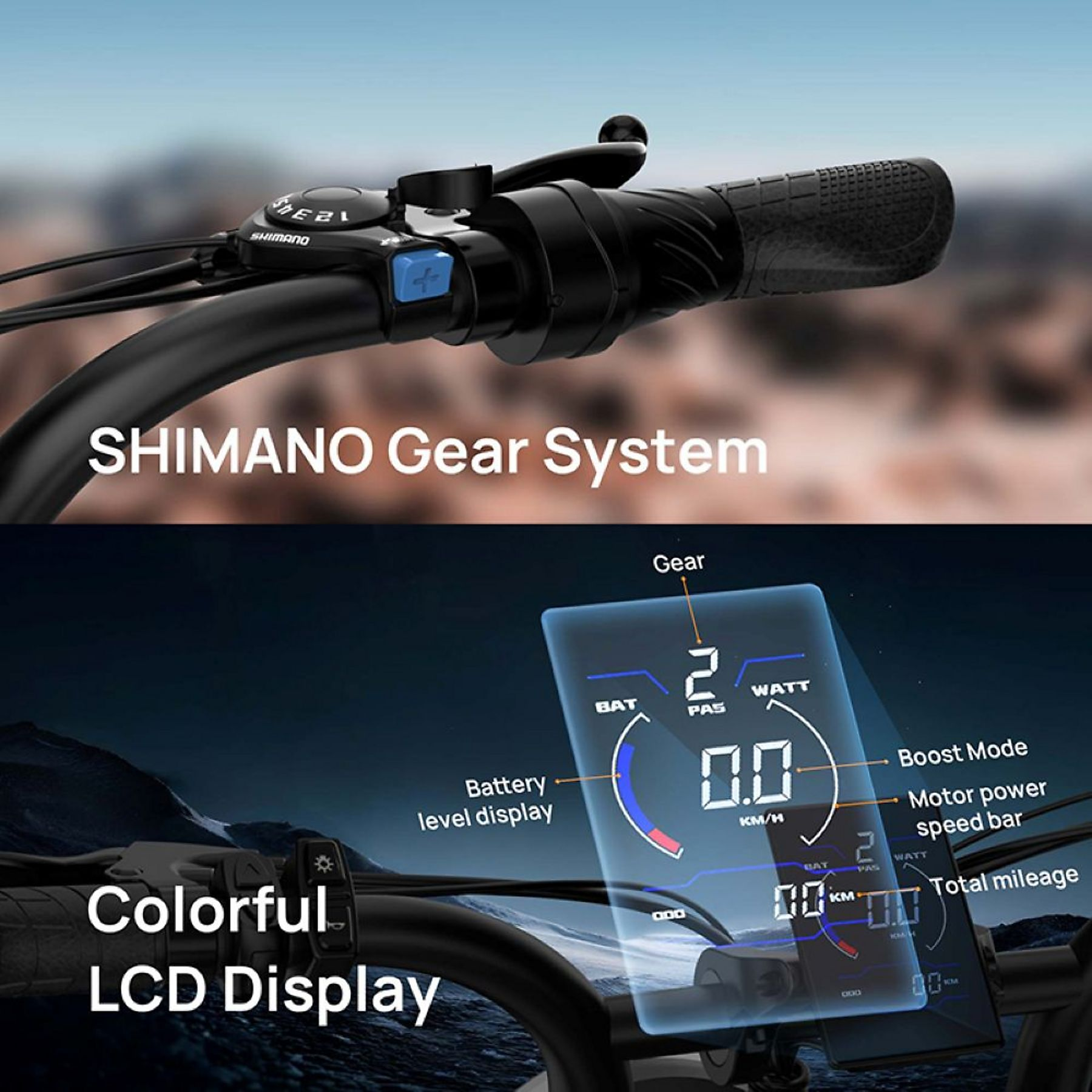 E-Bike mit Shimano-Schaltung und farbigem LCD-Display für Geschwindigkeit, Akku und Gang.