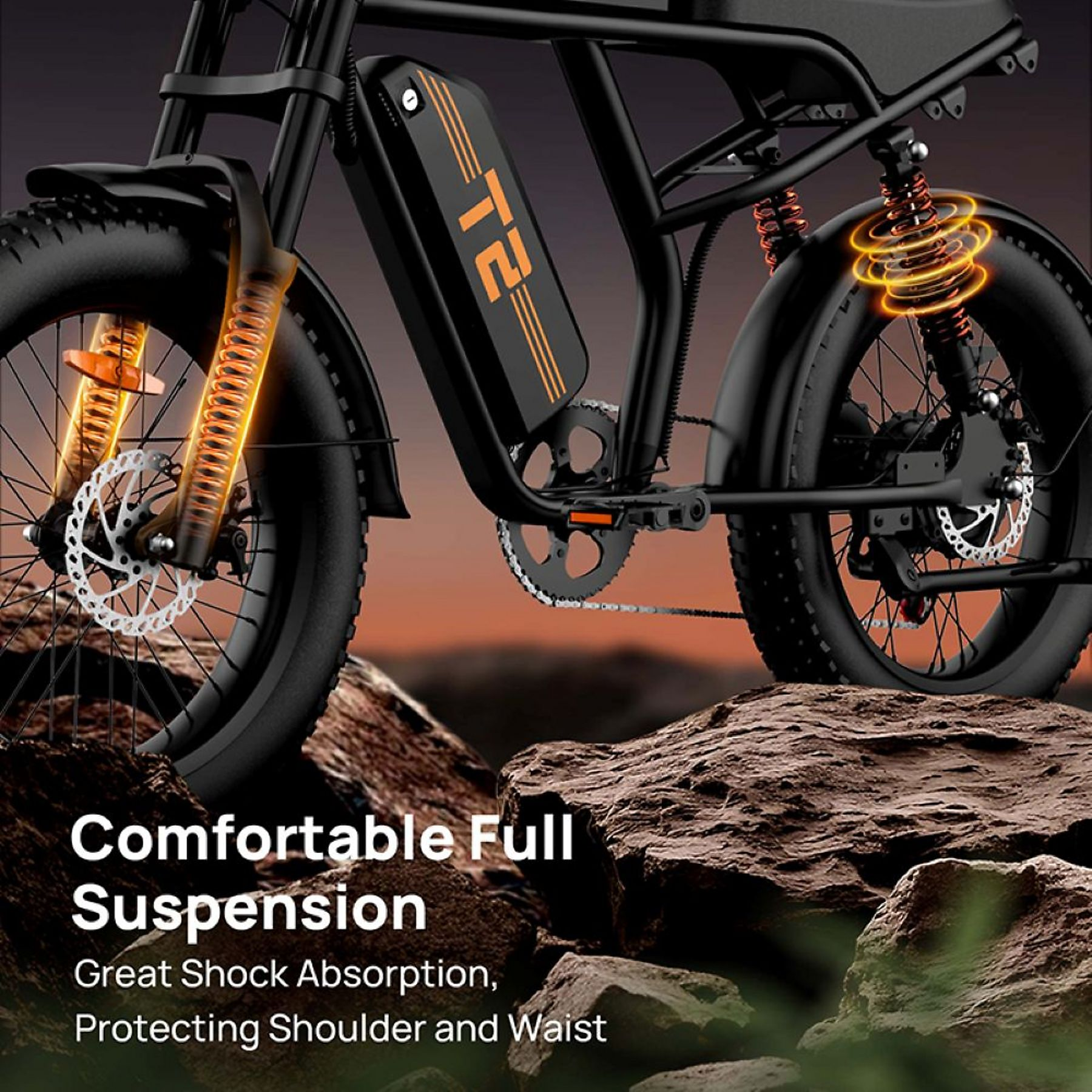 Schwarzes E-Bike auf Felsen mit Vollfederung, hervorgehoben durch glühende Federelemente.