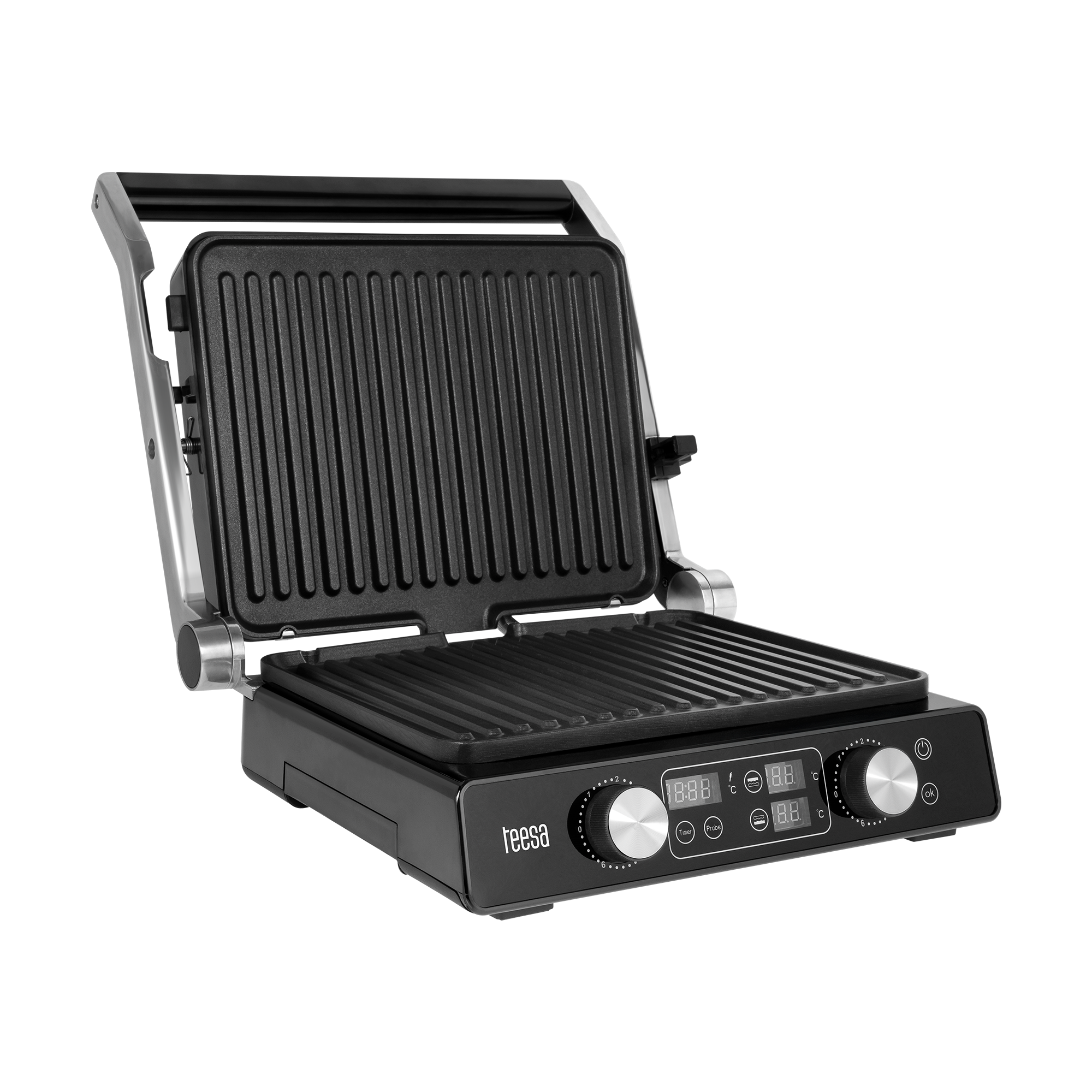 Czarny grill elektryczny z otwartą pokrywą, wyświetlaczami cyfrowymi i dwoma pokrętłami na czarnym tle.
