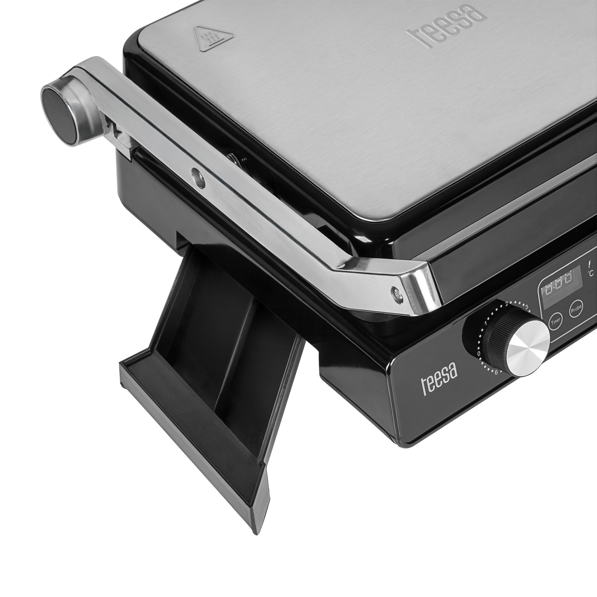 Czarno-srebrny elektryczny grill kontaktowy z wysuwaną tacką ociekową i panelem cyfrowym.