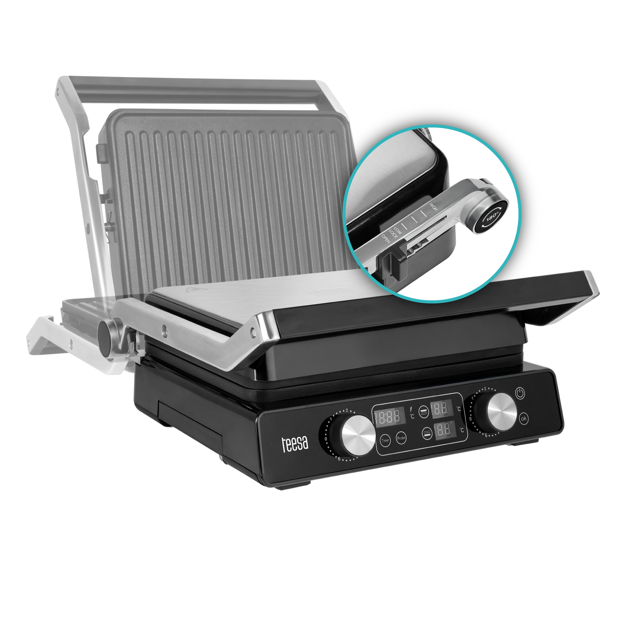 Czarny grill elektryczny z cyfrowym wyświetlaczem, pokrętłami i zbliżeniem pokazującym mechanizm zawiasu.