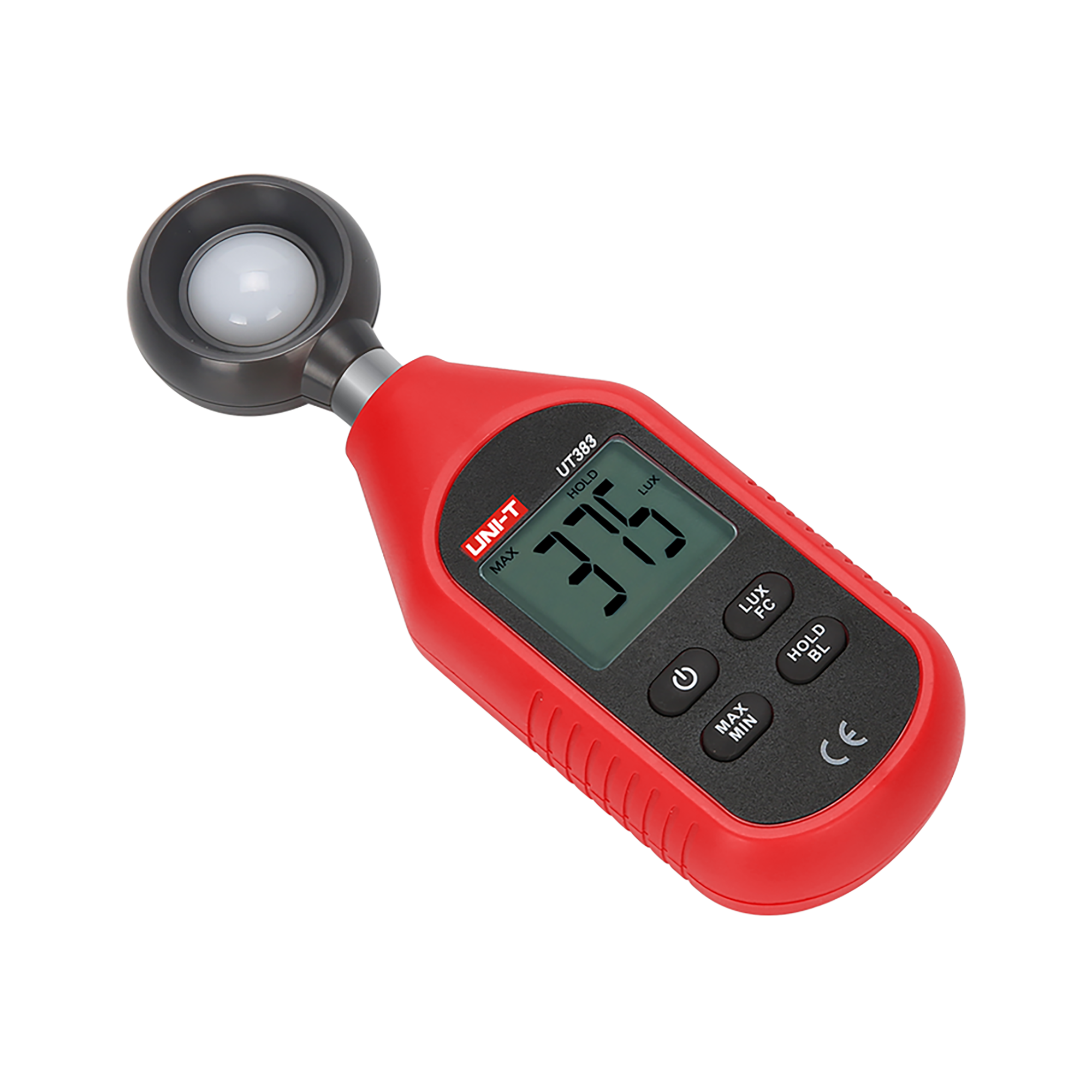 Czerwono-czarny cyfrowy luksomierz z okrągłym czujnikiem światła i ekranem LCD.