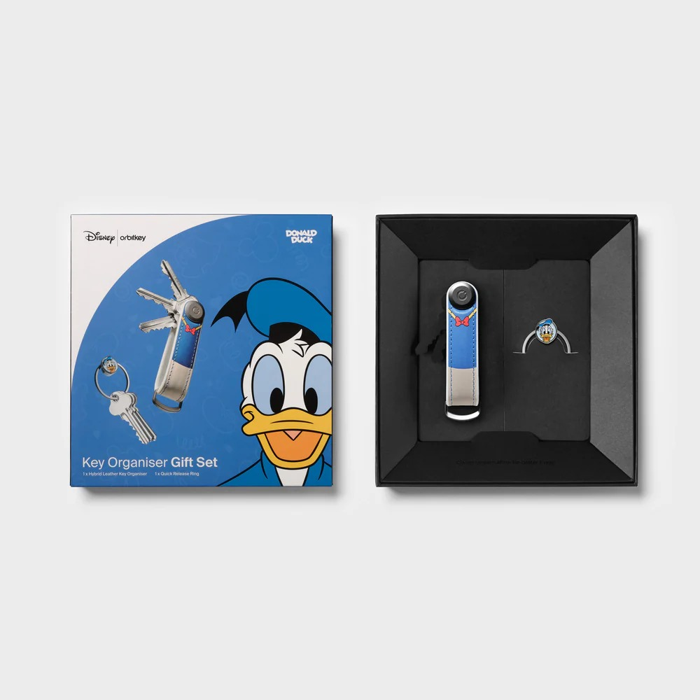 Zestaw prezentowy Disney Orbitkey z motywem Kaczora Donalda, zawierający organizer na klucze i kółko.