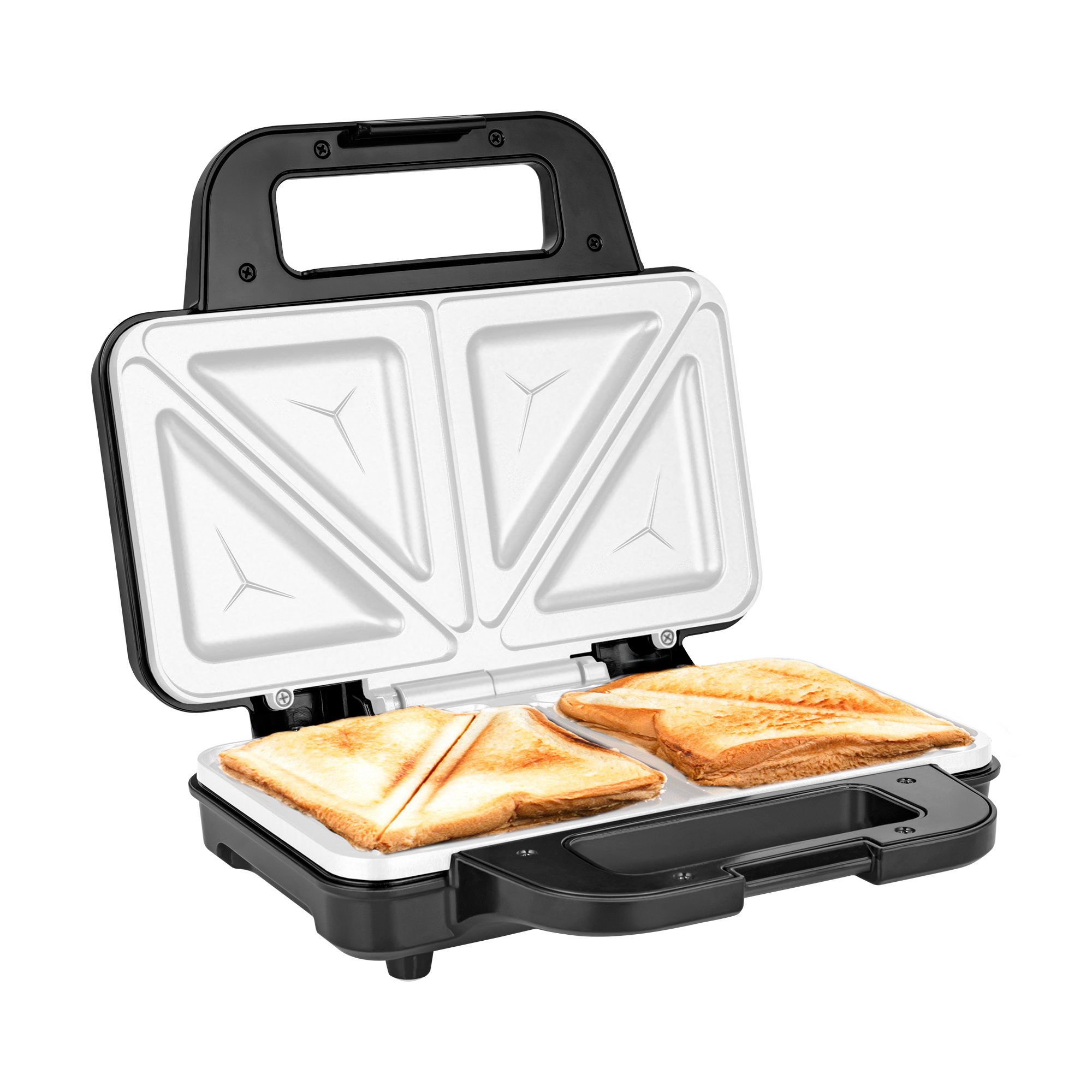 Otwarty czarny opiekacz do kanapek z dwoma zlotymi tostami na bialej nieprzywierajacej plycie grzewczej.