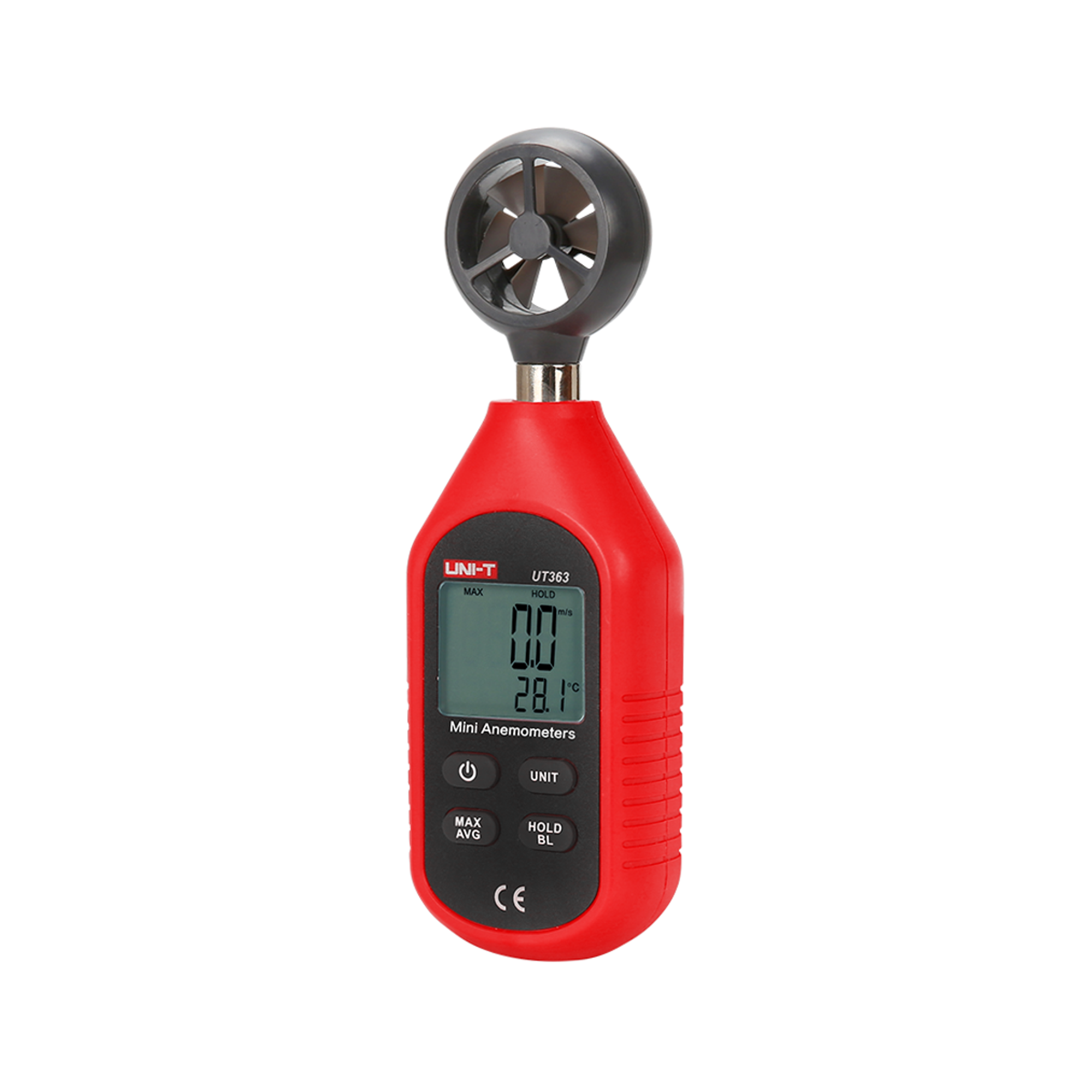 Czerwony mini anemometr z szarym wirnikiem na górze i cyfrowym ekranem LCD na białym tle.