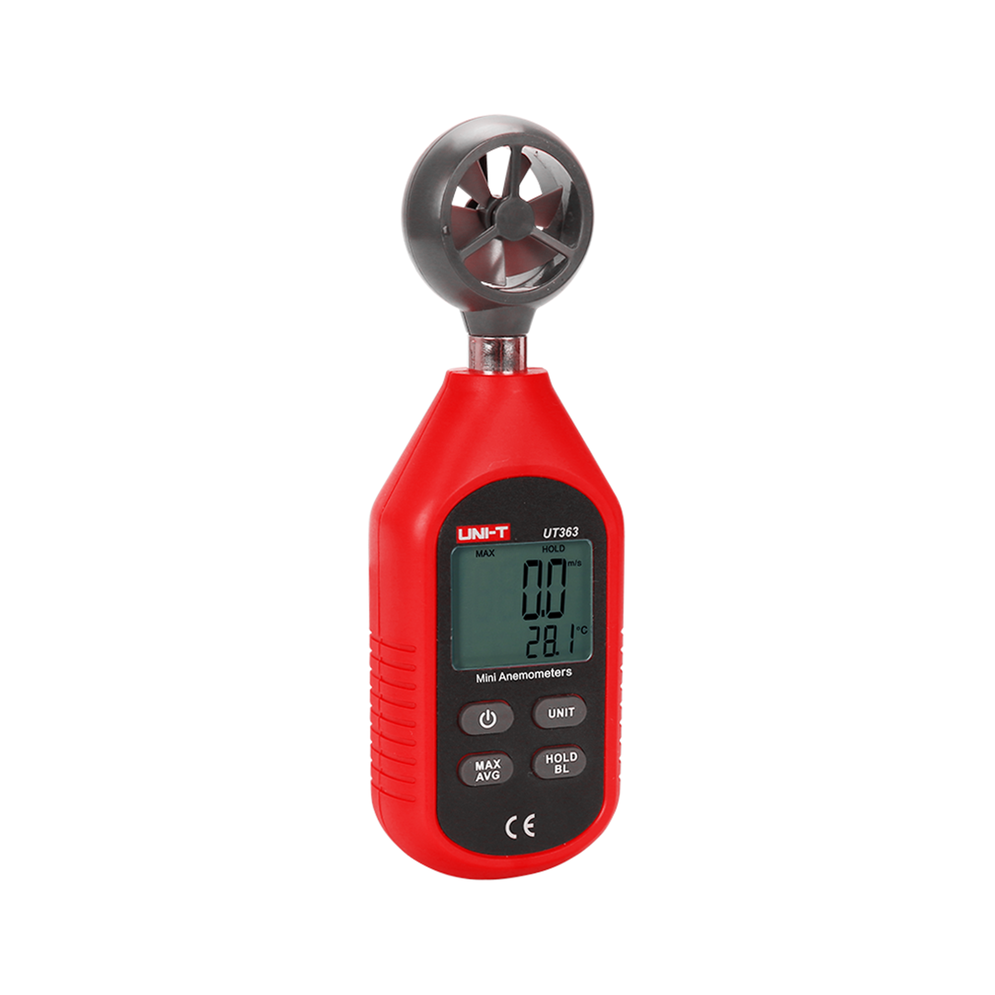 Czerwono-czarny cyfrowy mini anemometr z szarym czujnikiem łopatkowym i ekranem LCD.
