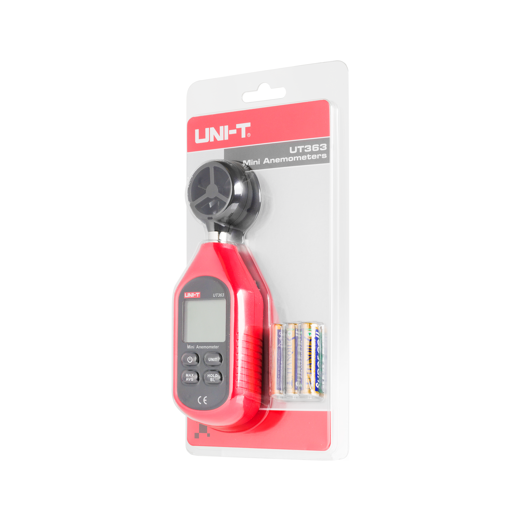 Czerwony mini anemometr UNI-T w oryginalnym opakowaniu, w zestawie z trzema bateriami.