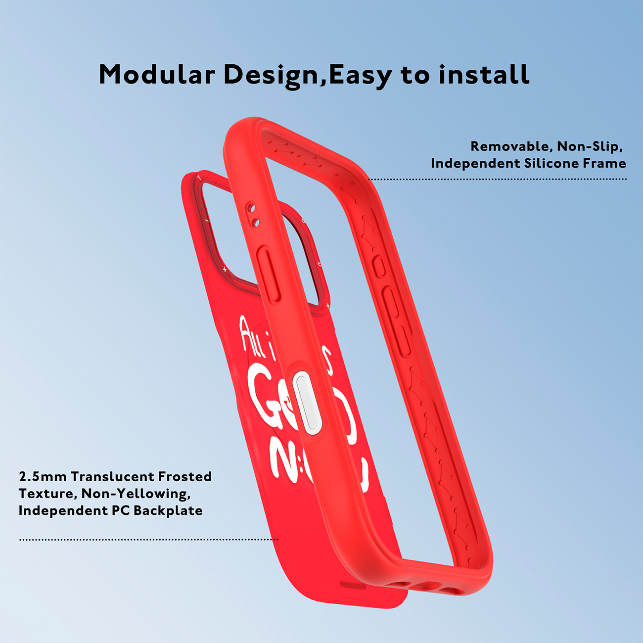 Funda de smartphone roja modular con marco de silicona extraíble y trasera translúcida esmerilada.