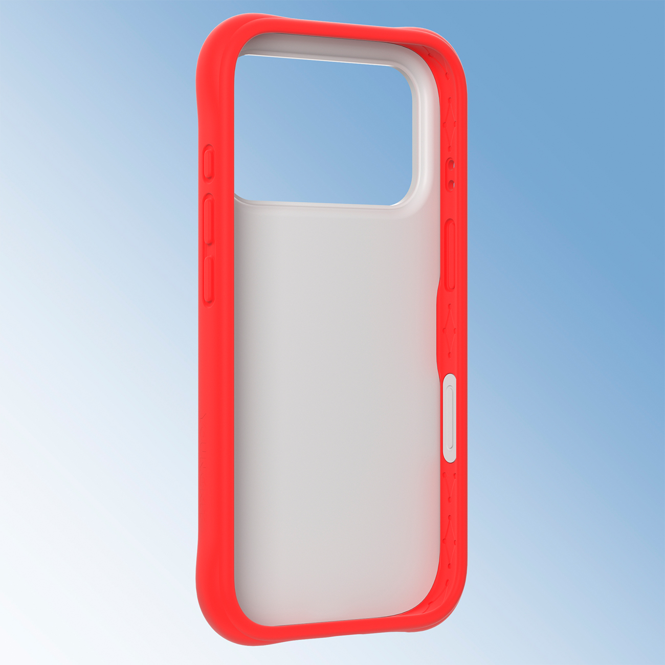 Una funda para smartphone de color rojo brillante y blanco sobre un fondo degradado azul.