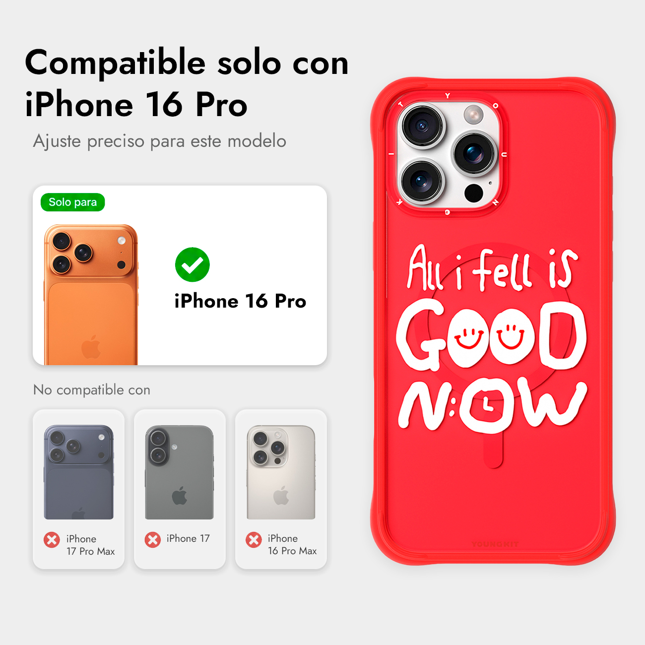 Funda roja para iPhone 16 Pro con texto blanco "All I feel is GOOD NOW" y recorte para cámara.