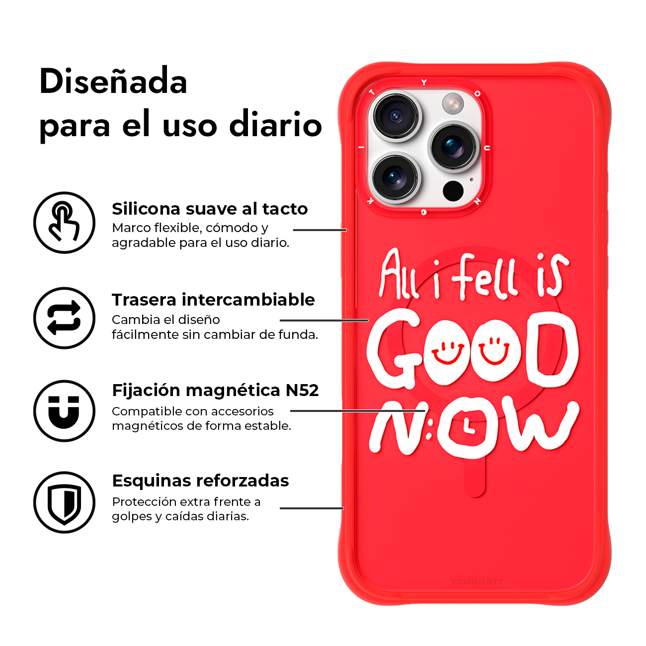 Funda roja para iPhone con texto y características explicativas en español a la izquierda.
