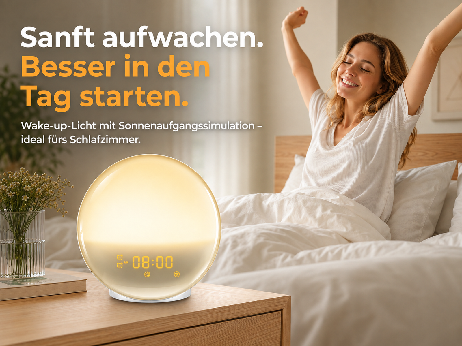 Eine Frau streckt sich glücklich im Bett, während ein leuchtender Wecker auf dem Nachttisch die Zeit anzeigt.