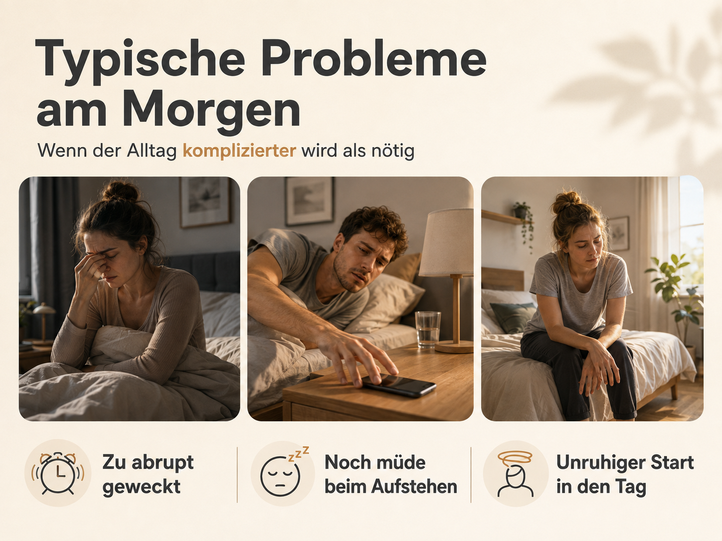 Drei Bilder zeigen morgendliche Probleme: Frau reibt sich die Augen, Mann greift zum Wecker, Frau sitzt müde am Bett.