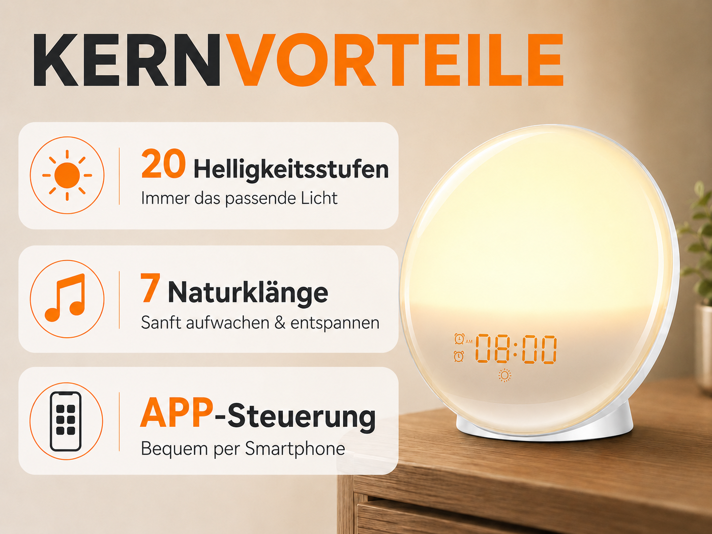 Ein weißer Wecker mit warmem Licht auf einem Tisch zeigt die Zeit an, neben Textfeldern über seine Hauptvorteile.