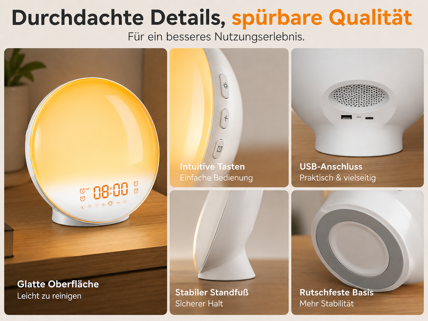 Sechs Bilder zeigen Details einer weißen Tageslichtlampe, einschließlich Tasten, Anschlüssen, Standfuß und Display.