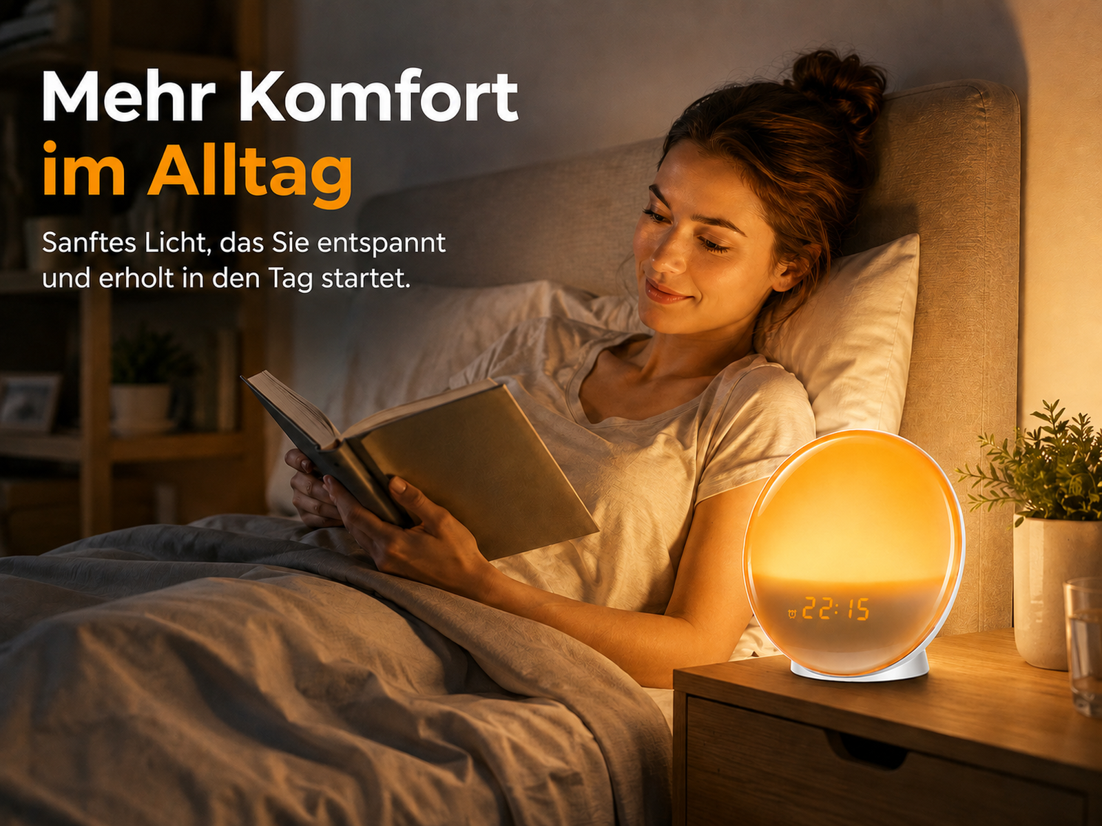 Eine Frau liest abends im Bett ein Buch, beleuchtet von einem runden Wecker mit warmem Licht auf dem Nachttisch.