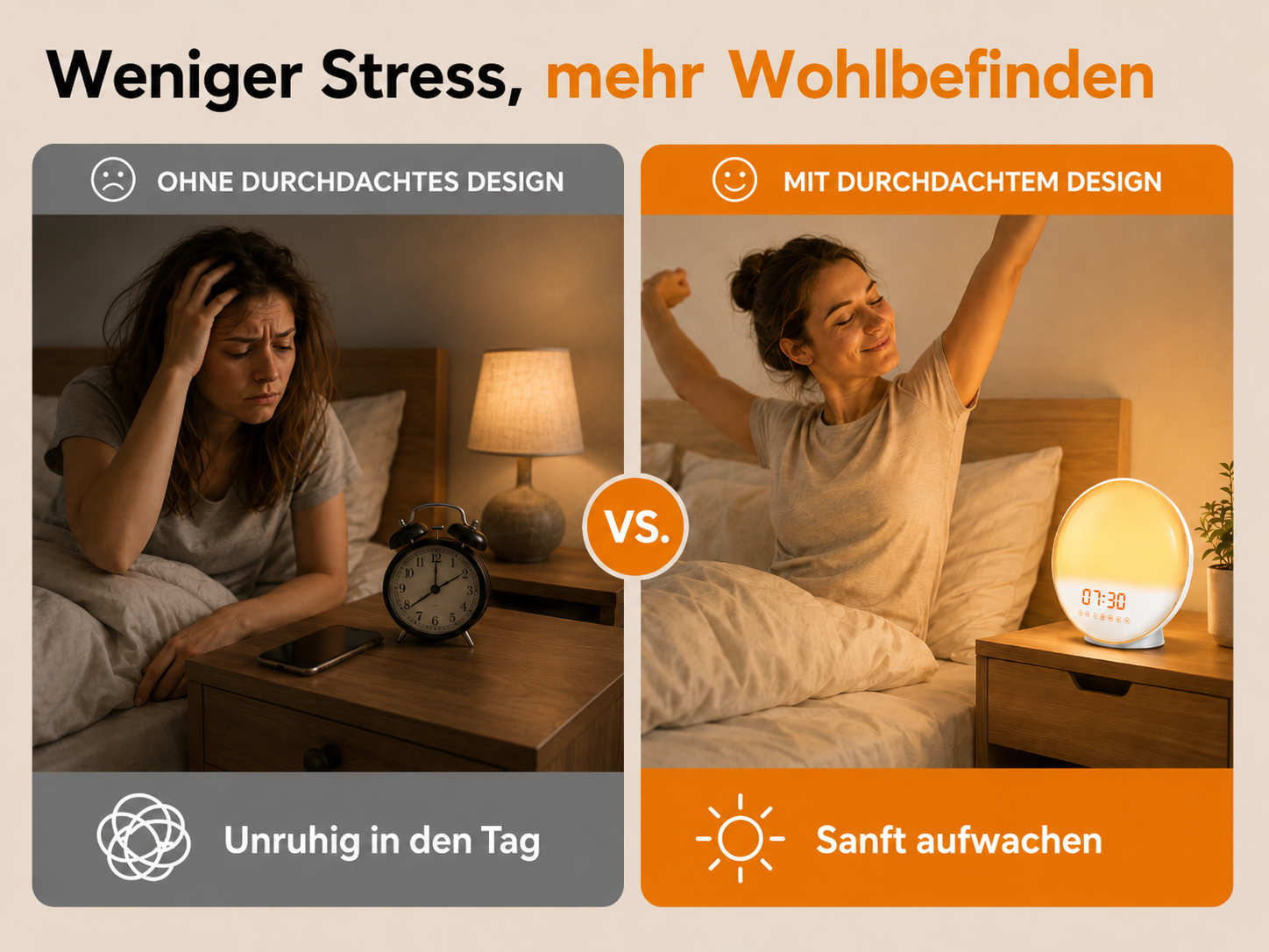 Vergleich zweier Szenen: Stressiges Aufwachen mit normalem Wecker versus entspanntes Aufwachen mit Lichtwecker.