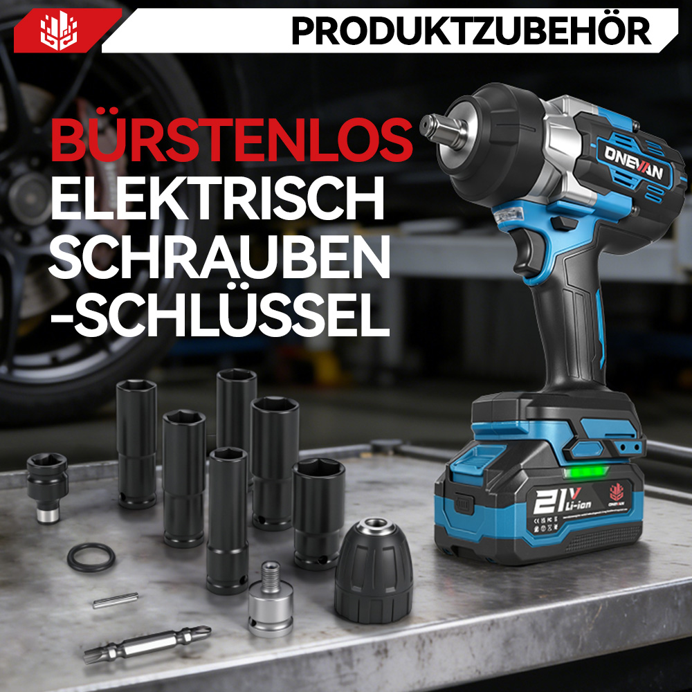 Ein blauer und schwarzer Schlagschrauber mit Zubehörteilen auf einem Metalltisch vor einem Auto.