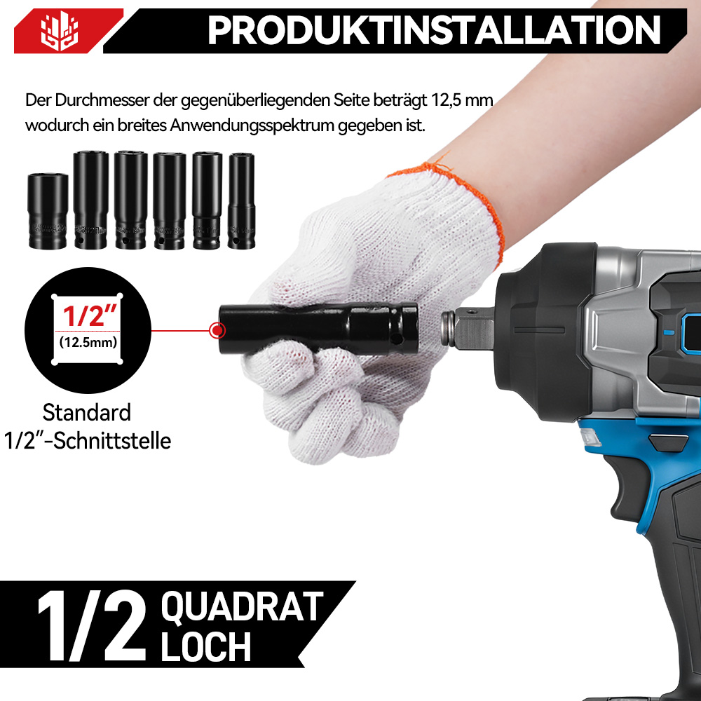 Hand in Handschuh hält eine Stecknuss vor einem elektrischen Schlagschrauber, mit Text und Symbolen.